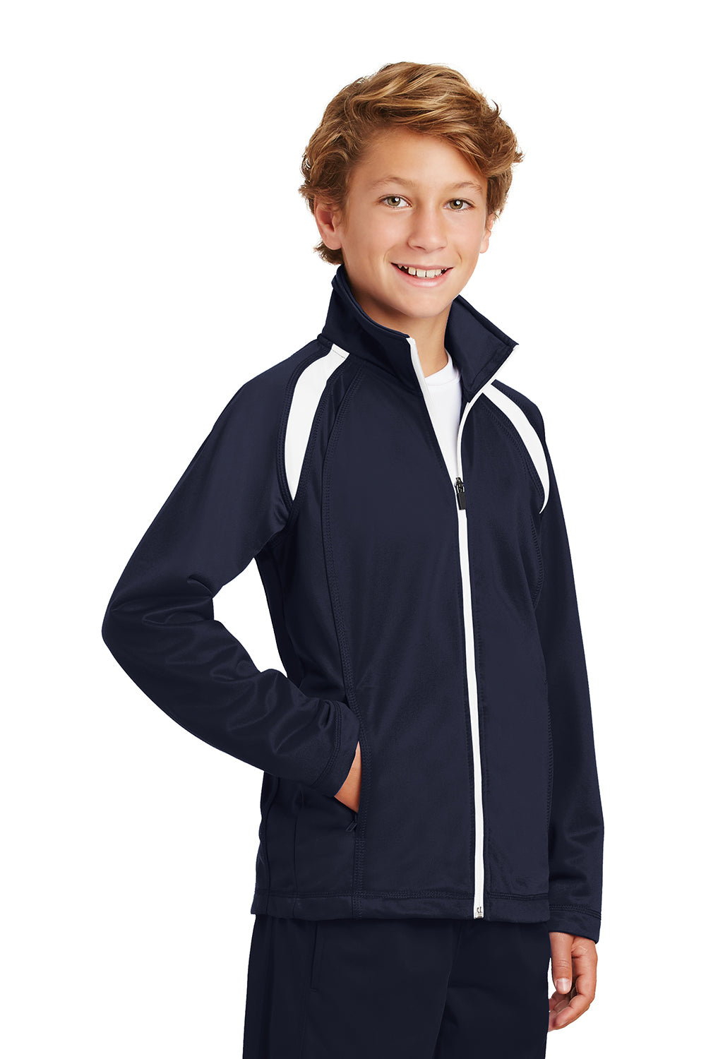 Sport-Tek YST90 Youth Full Zip Track Jacket True Navy Blue/White Model 3q