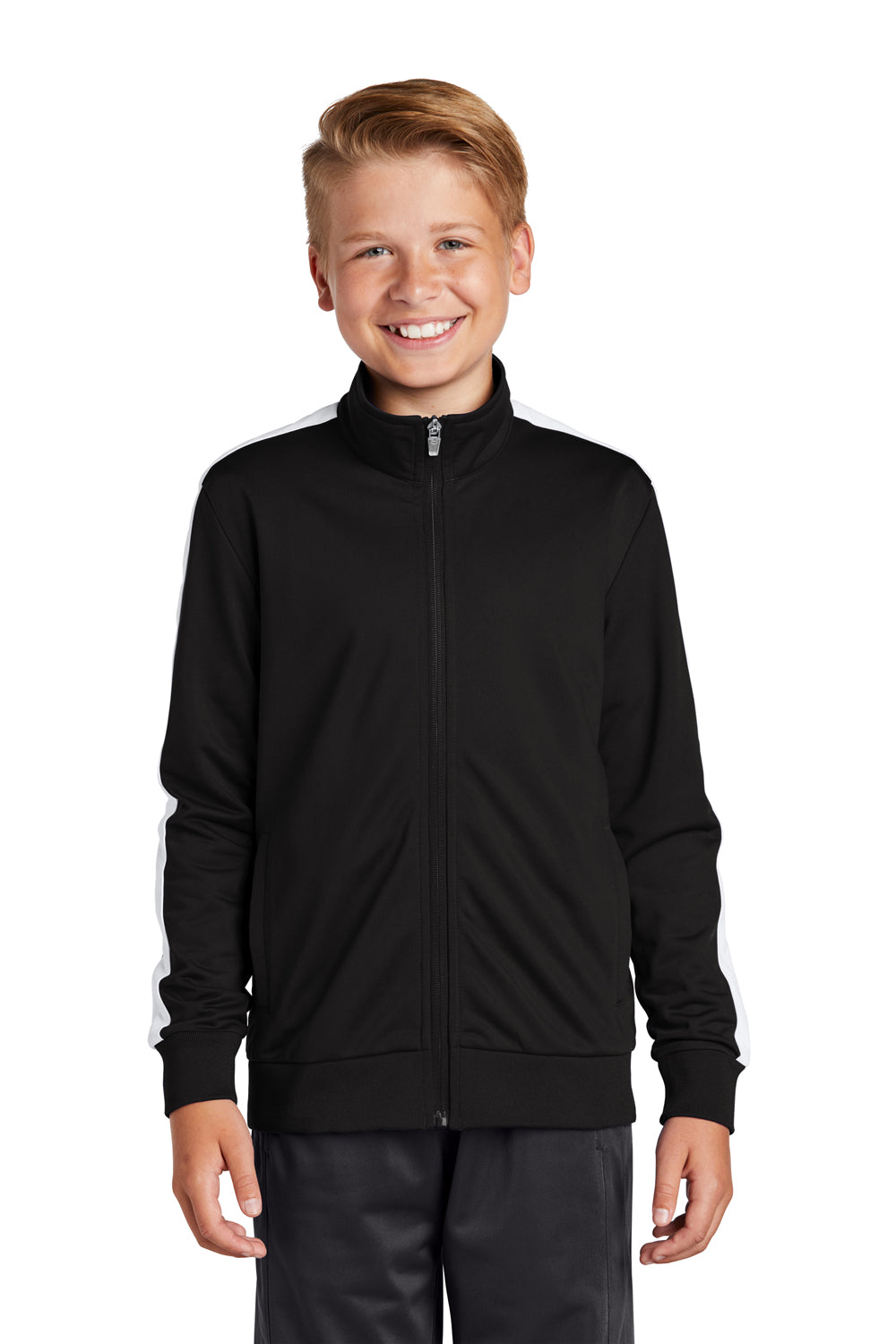 Sport-Tek YST94 Youth Full Zip Track Jacket Black/White Model Front