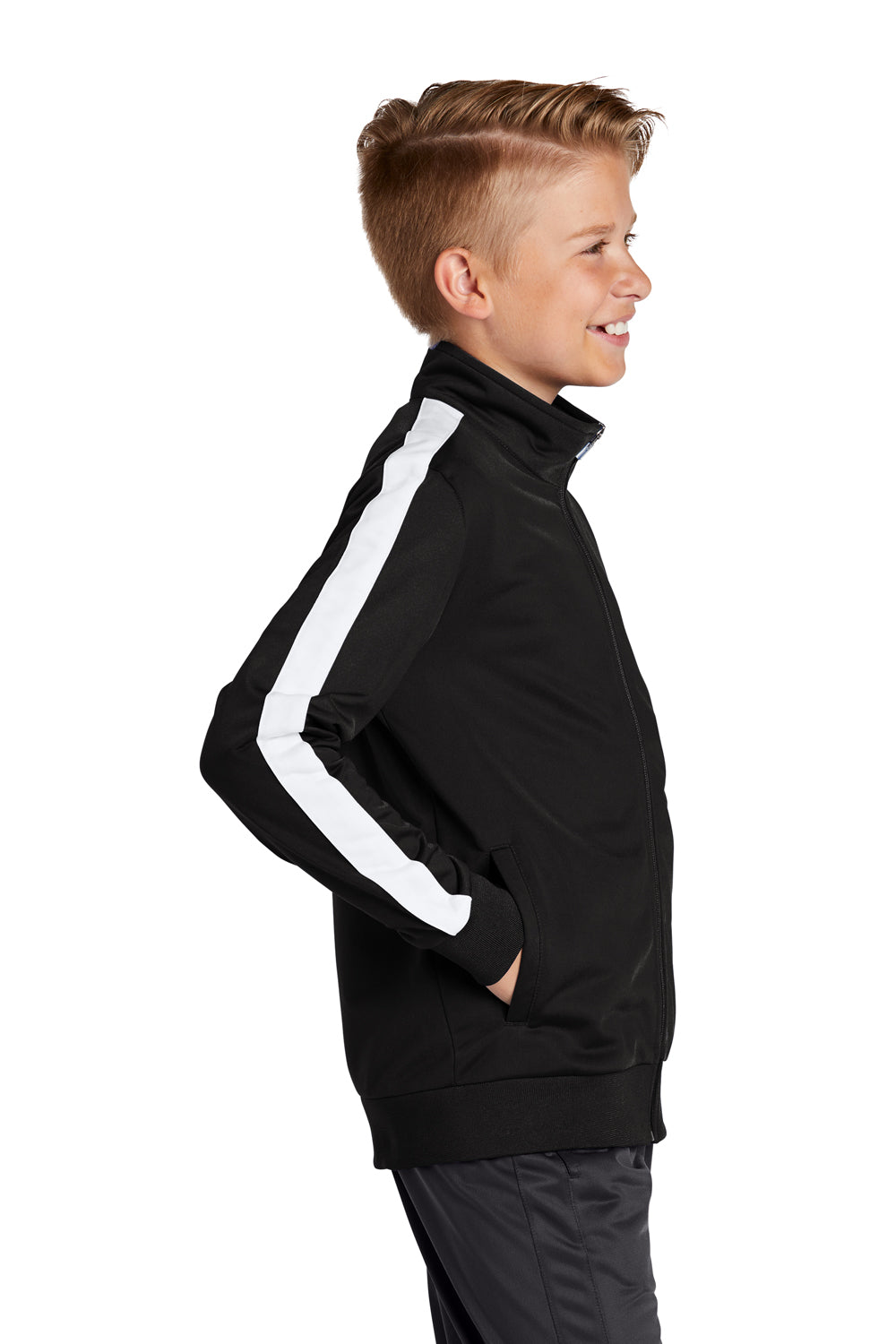 Sport-Tek YST94 Youth Full Zip Track Jacket Black/White Model Side