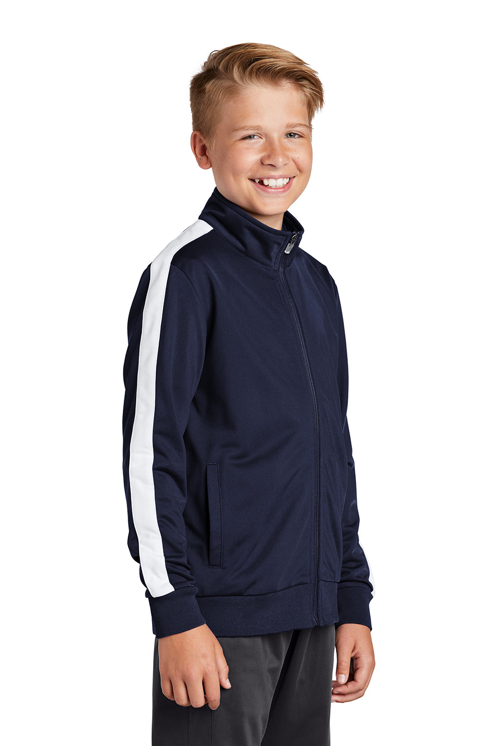 Sport-Tek YST94 Youth Full Zip Track Jacket True Navy Blue/White Model 3q