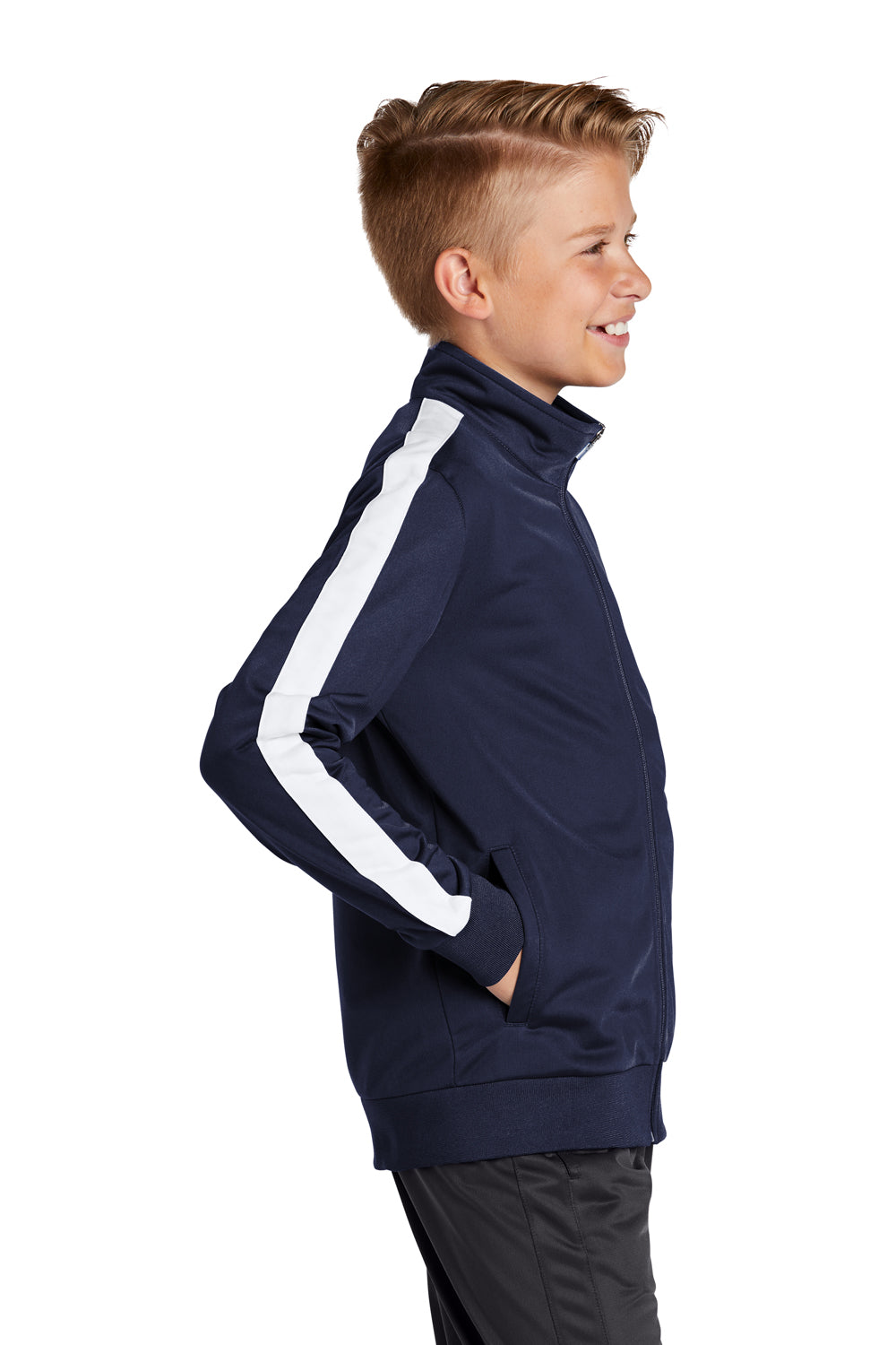 Sport-Tek YST94 Youth Full Zip Track Jacket True Navy Blue/White Model Side