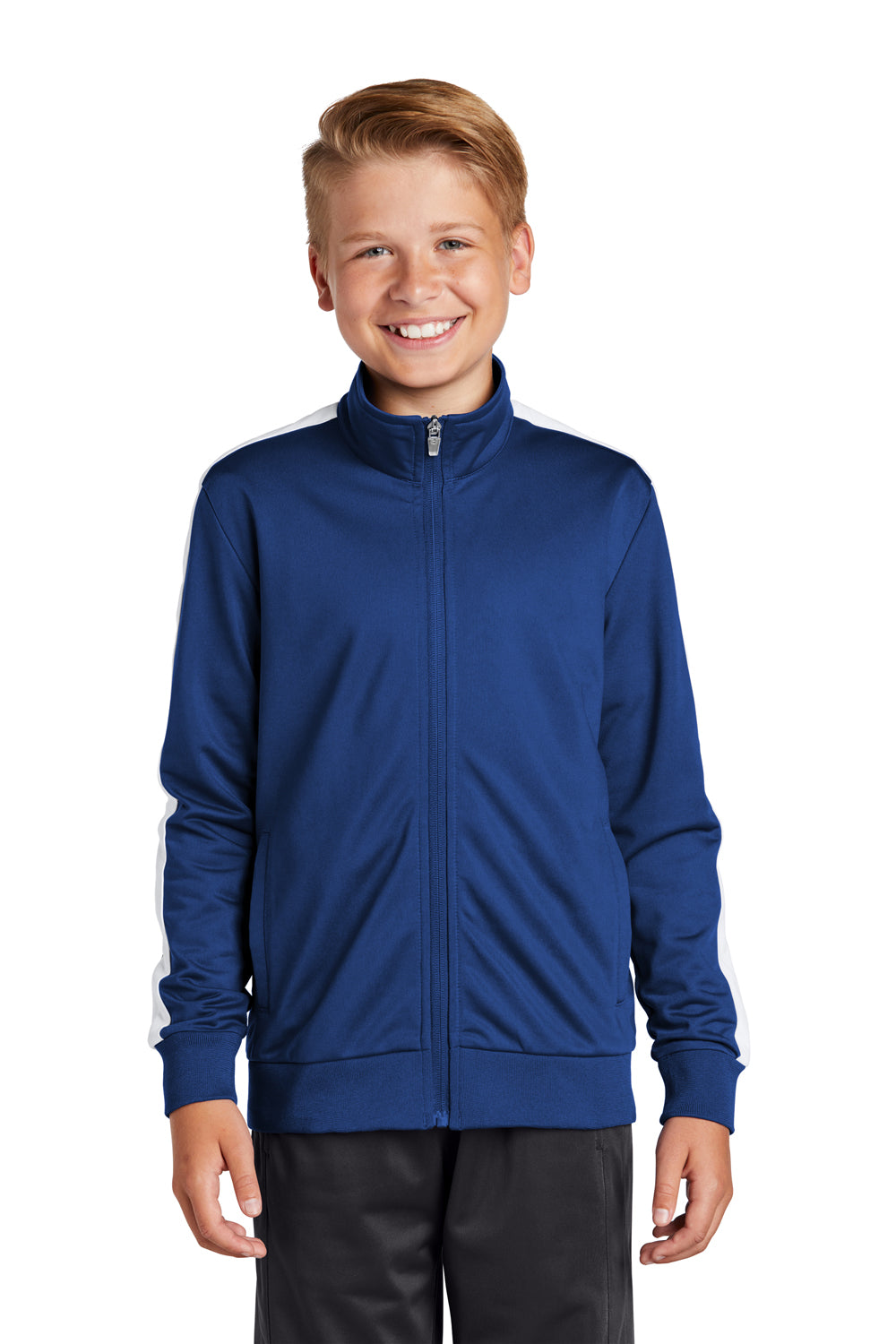 Sport-Tek YST94 Youth Full Zip Track Jacket True Royal Blue/White Model Front