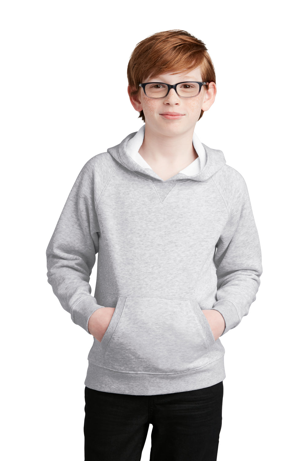 Sport-Tek YSTF200 Youth Drive Fleece Hooded Sweatshirt Hoodie Heather Grey Model Front