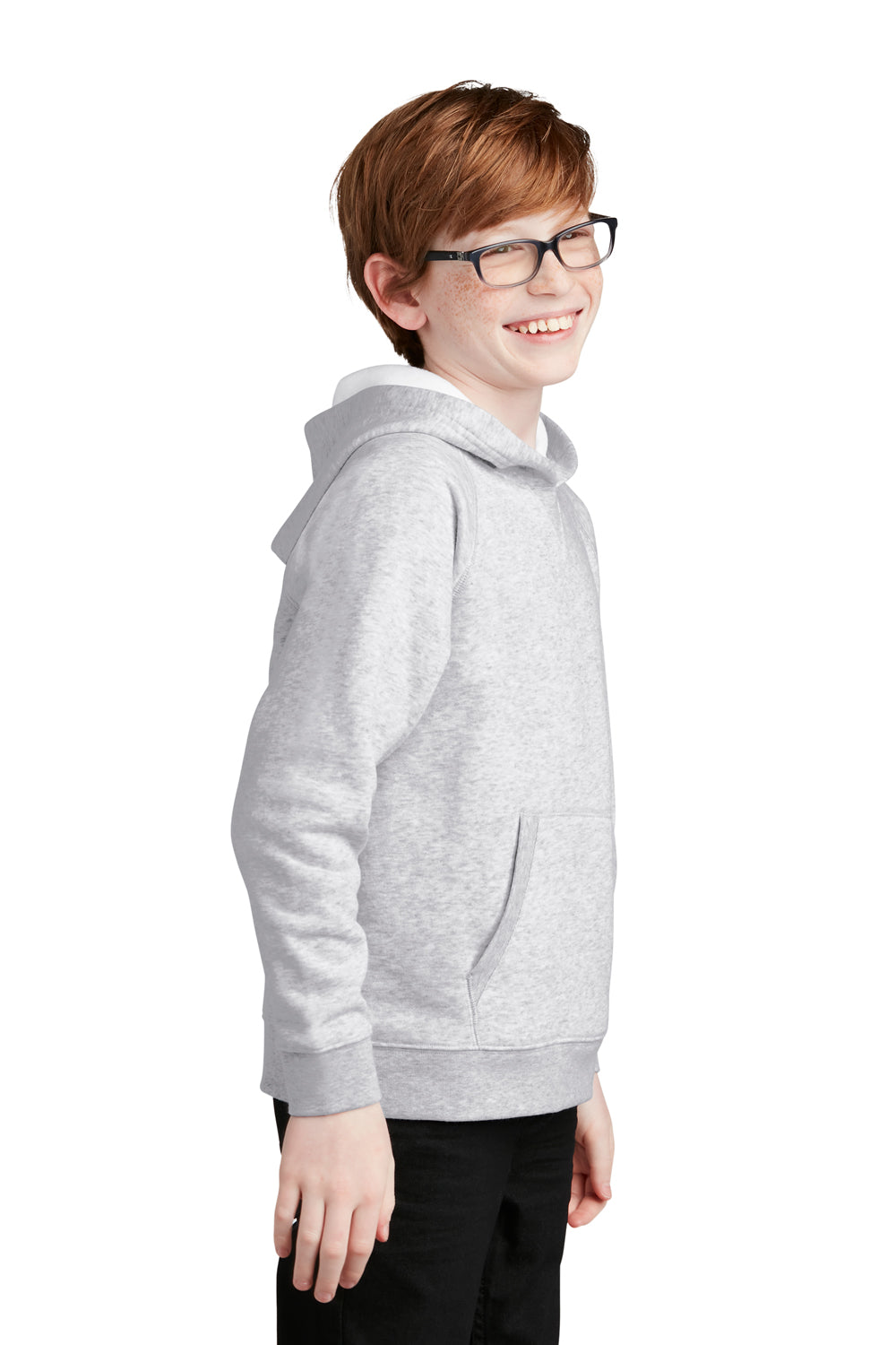 Sport-Tek YSTF200 Youth Drive Fleece Hooded Sweatshirt Hoodie Heather Grey Model Side