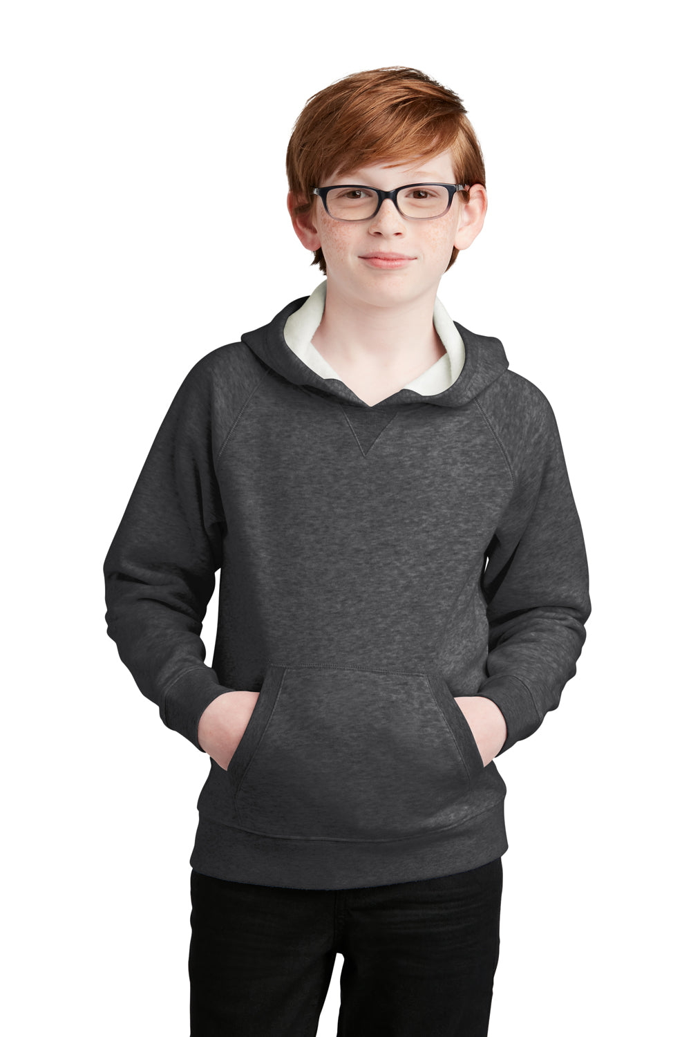 Sport-Tek YSTF200 Youth Drive Fleece Hooded Sweatshirt Hoodie Heather Graphite Grey Model Front