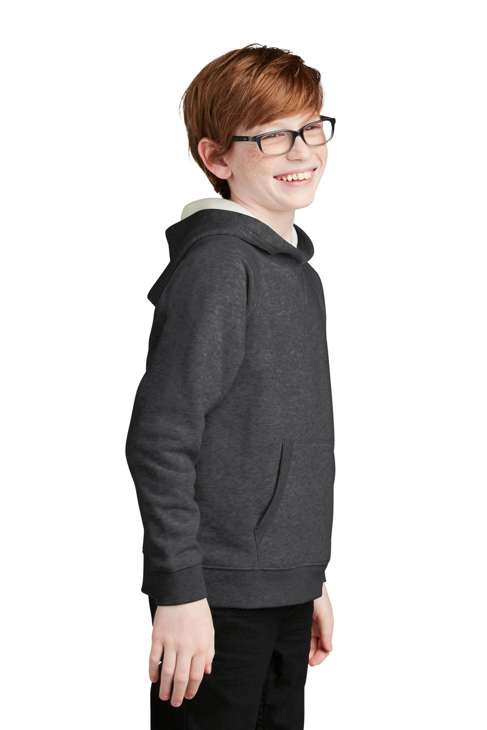 Sport-Tek YSTF200 Youth Drive Fleece Hooded Sweatshirt Hoodie Heather Graphite Grey Model Side