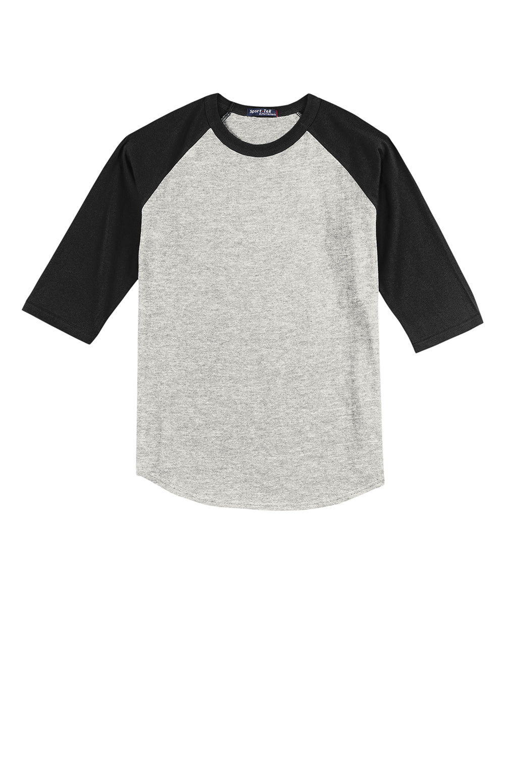 Sport-Tek YT200 Youth 3/4 Sleeve Crewneck T-Shirt Heather Grey/Black Flat Front