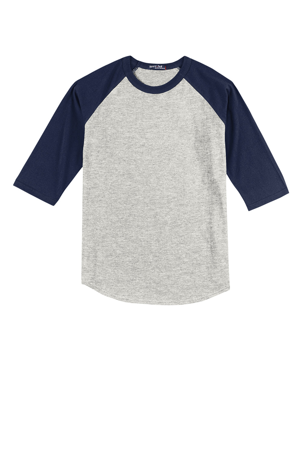 Sport-Tek YT200 Youth 3/4 Sleeve Crewneck T-Shirt Heather Grey/Navy Blue Flat Front