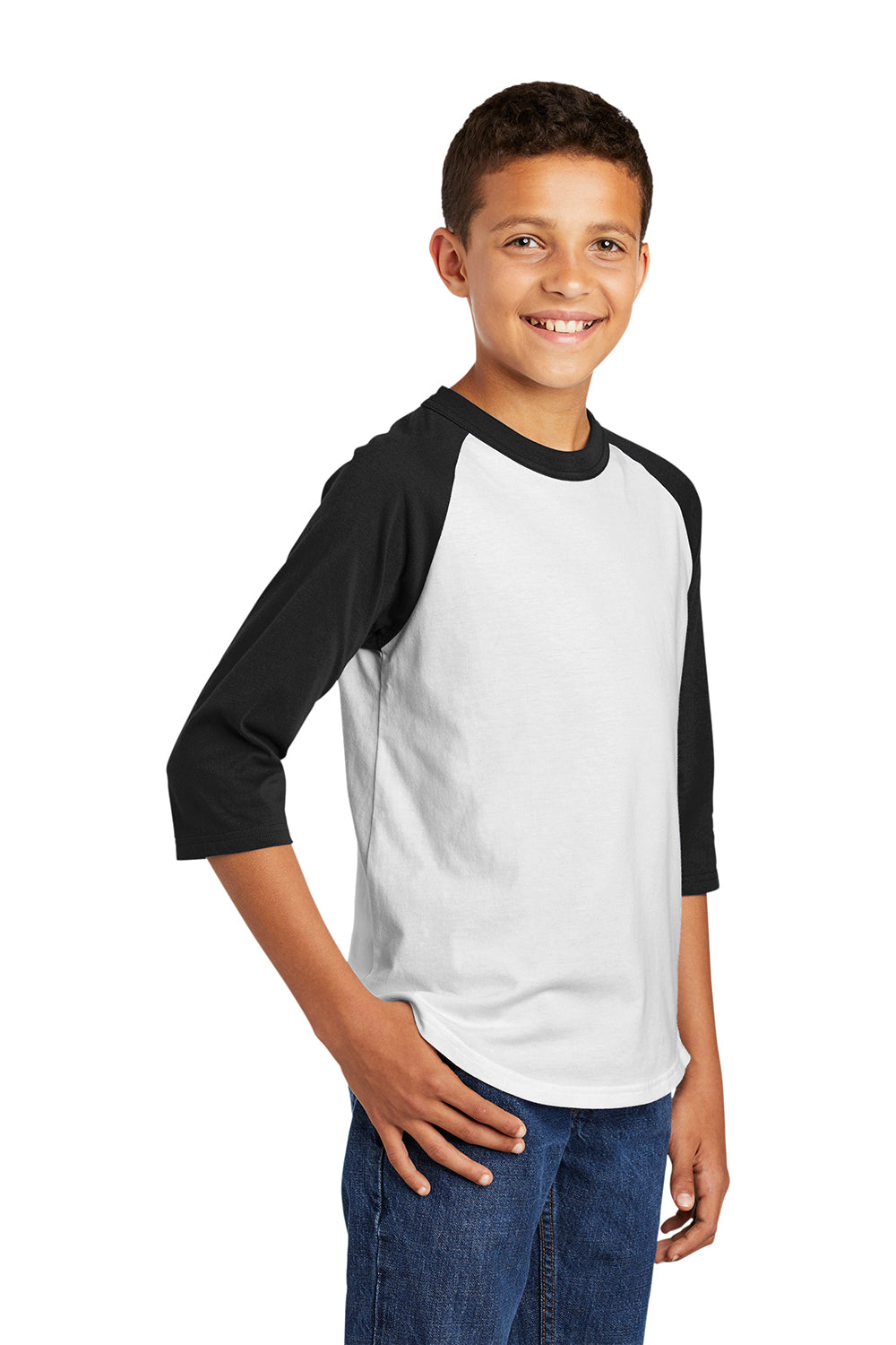 Sport-Tek YT200 Youth 3/4 Sleeve Crewneck T-Shirt White/Black Model 3q