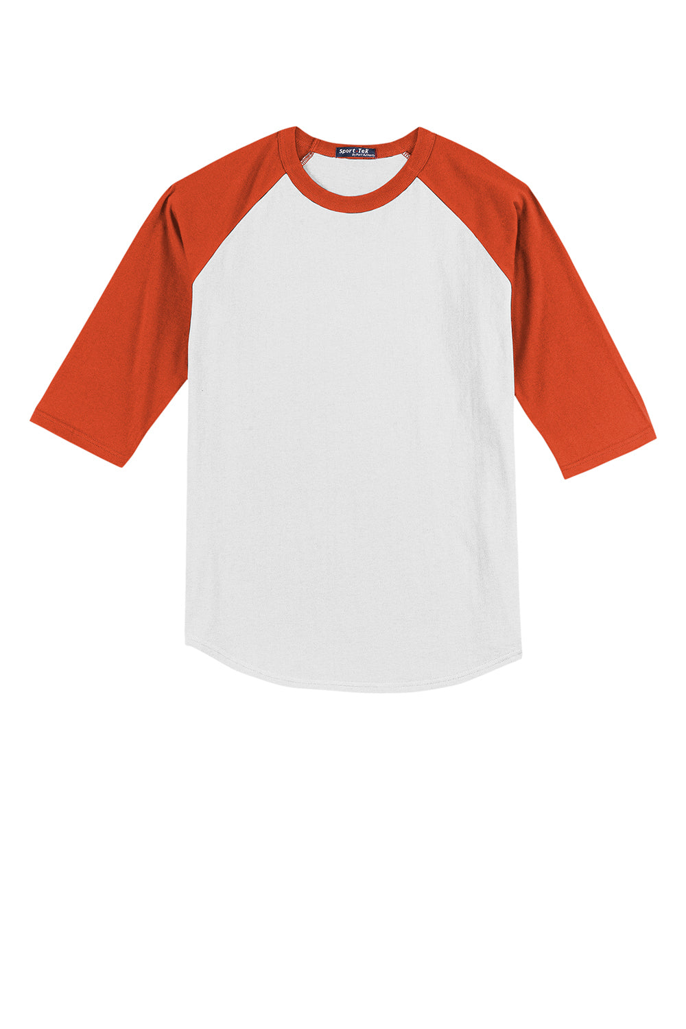 Sport-Tek YT200 Youth 3/4 Sleeve Crewneck T-Shirt White/Deep Orange Flat Front