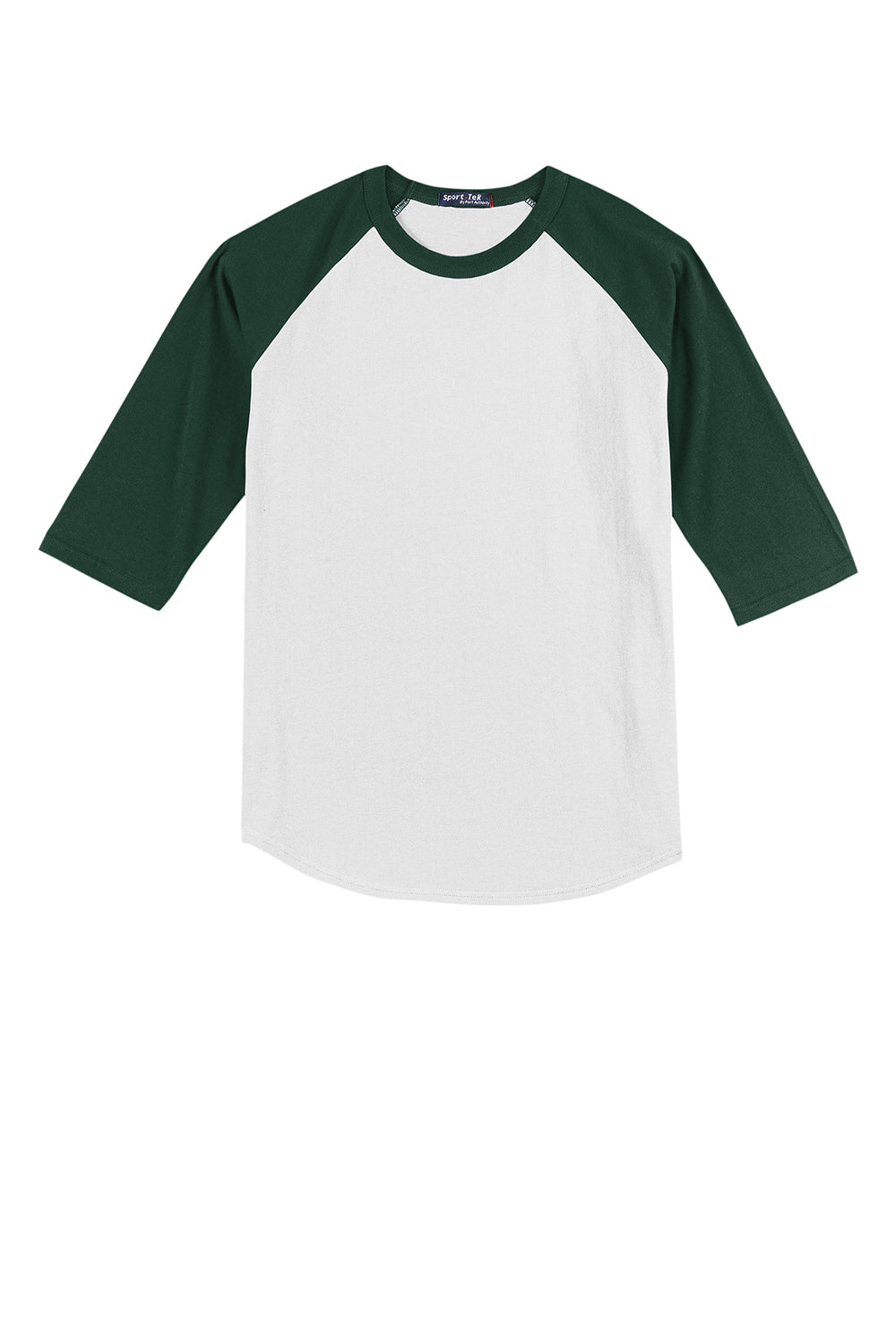 Sport-Tek YT200 Youth 3/4 Sleeve Crewneck T-Shirt White/Forest Green Flat Front