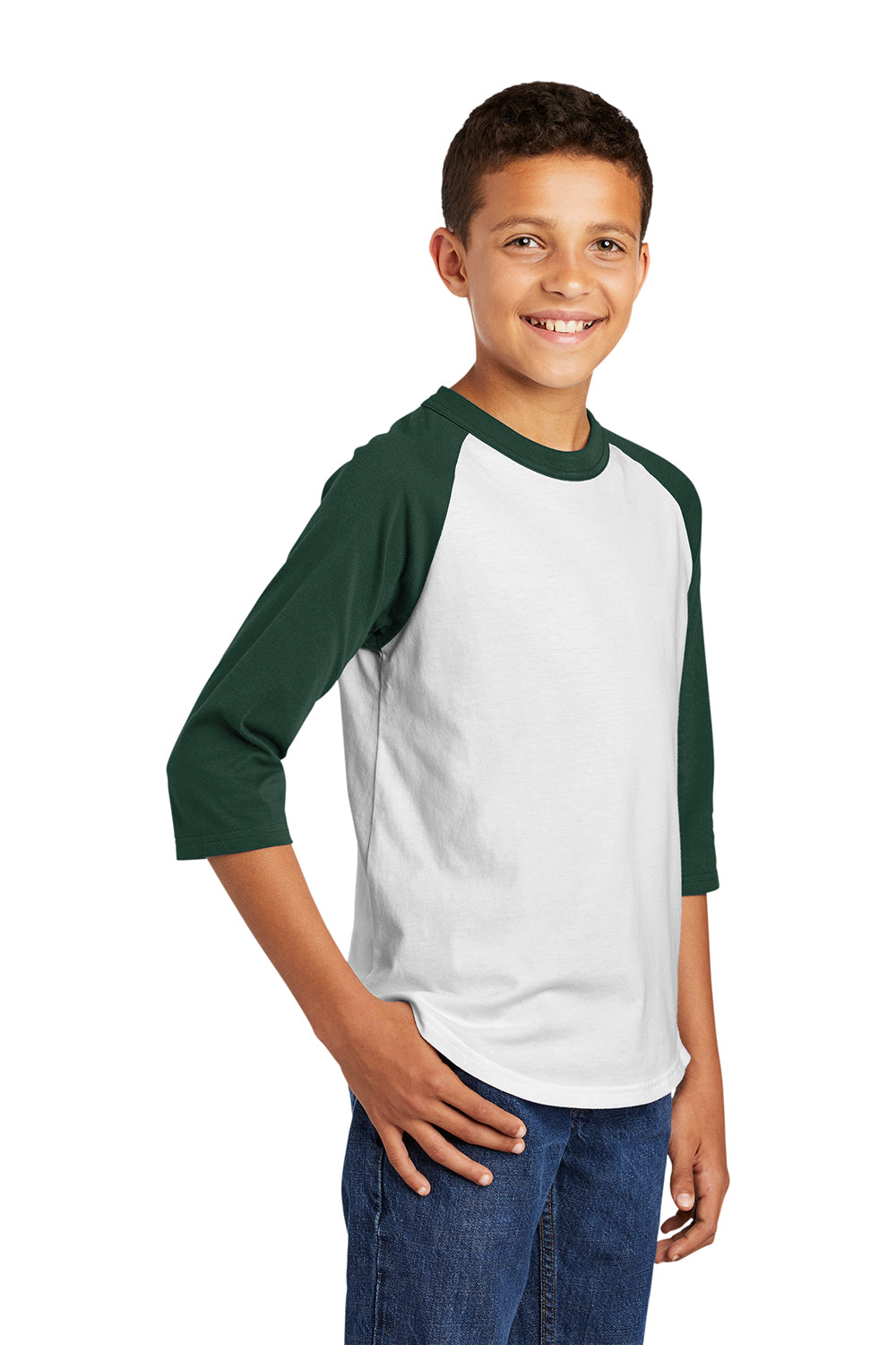 Sport-Tek YT200 Youth 3/4 Sleeve Crewneck T-Shirt White/Forest Green Model 3q