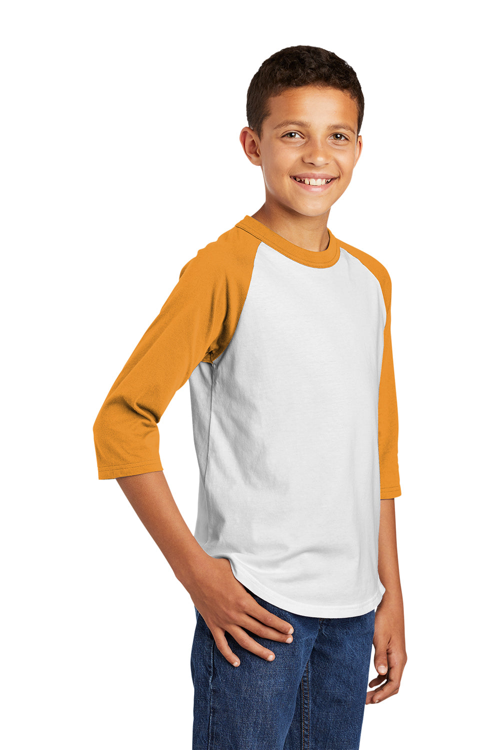 Sport-Tek YT200 Youth 3/4 Sleeve Crewneck T-Shirt White/Gold Model 3q