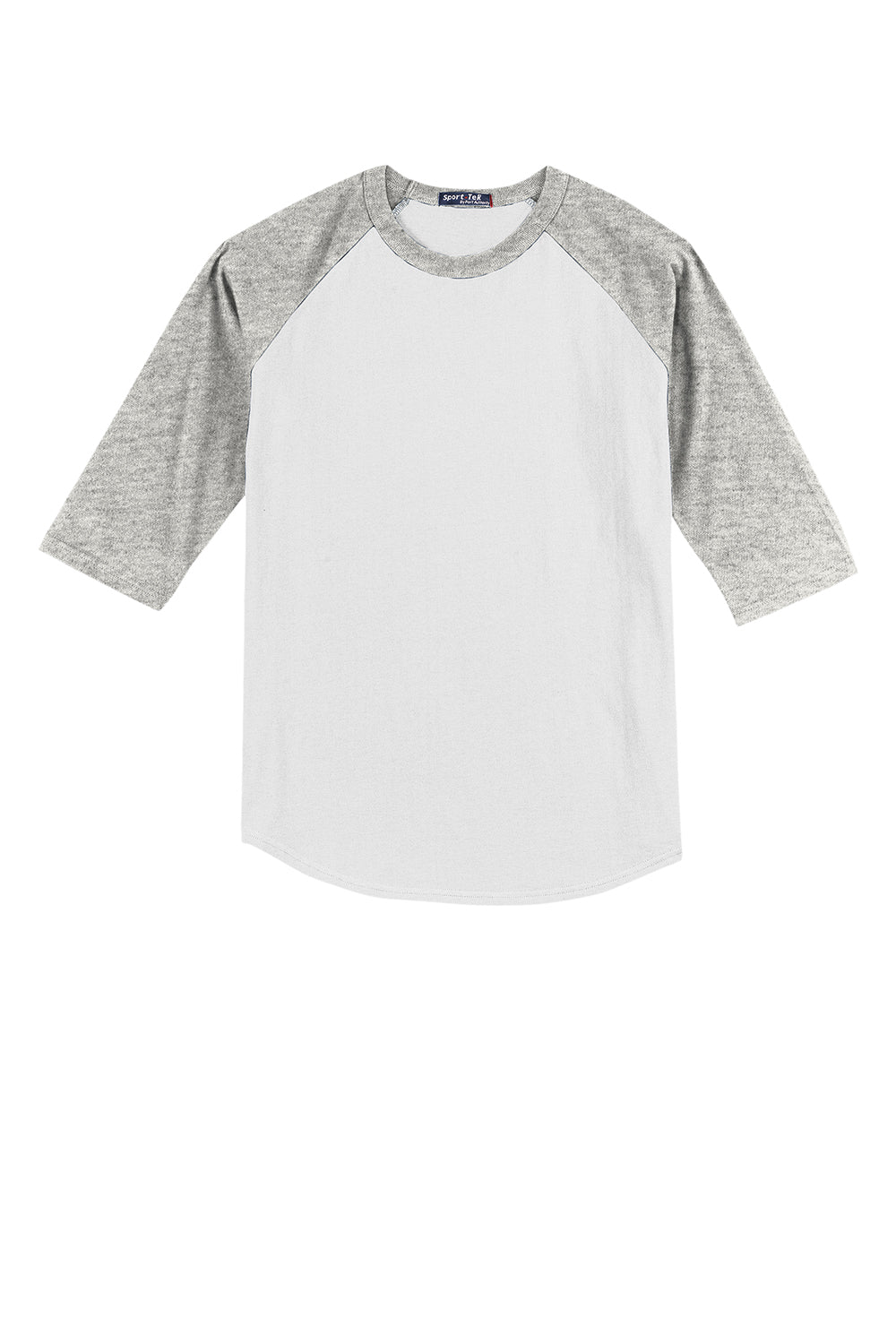 Sport-Tek YT200 Youth 3/4 Sleeve Crewneck T-Shirt White/Heather Grey Flat Front