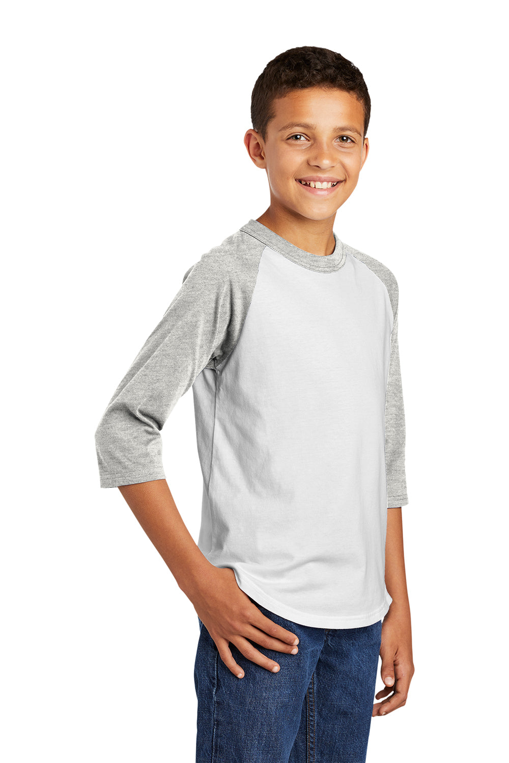 Sport-Tek YT200 Youth 3/4 Sleeve Crewneck T-Shirt White/Heather Grey Model 3q