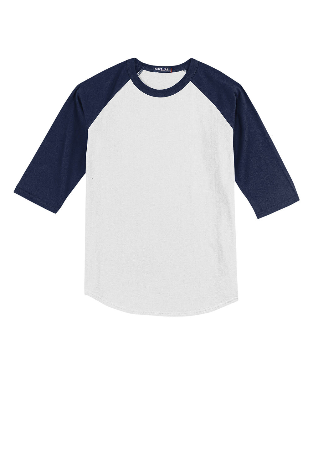 Sport-Tek YT200 Youth 3/4 Sleeve Crewneck T-Shirt White/Navy Blue Flat Front