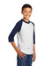 Sport-Tek YT200 Youth 3/4 Sleeve Crewneck T-Shirt White/Navy Blue Model 3q