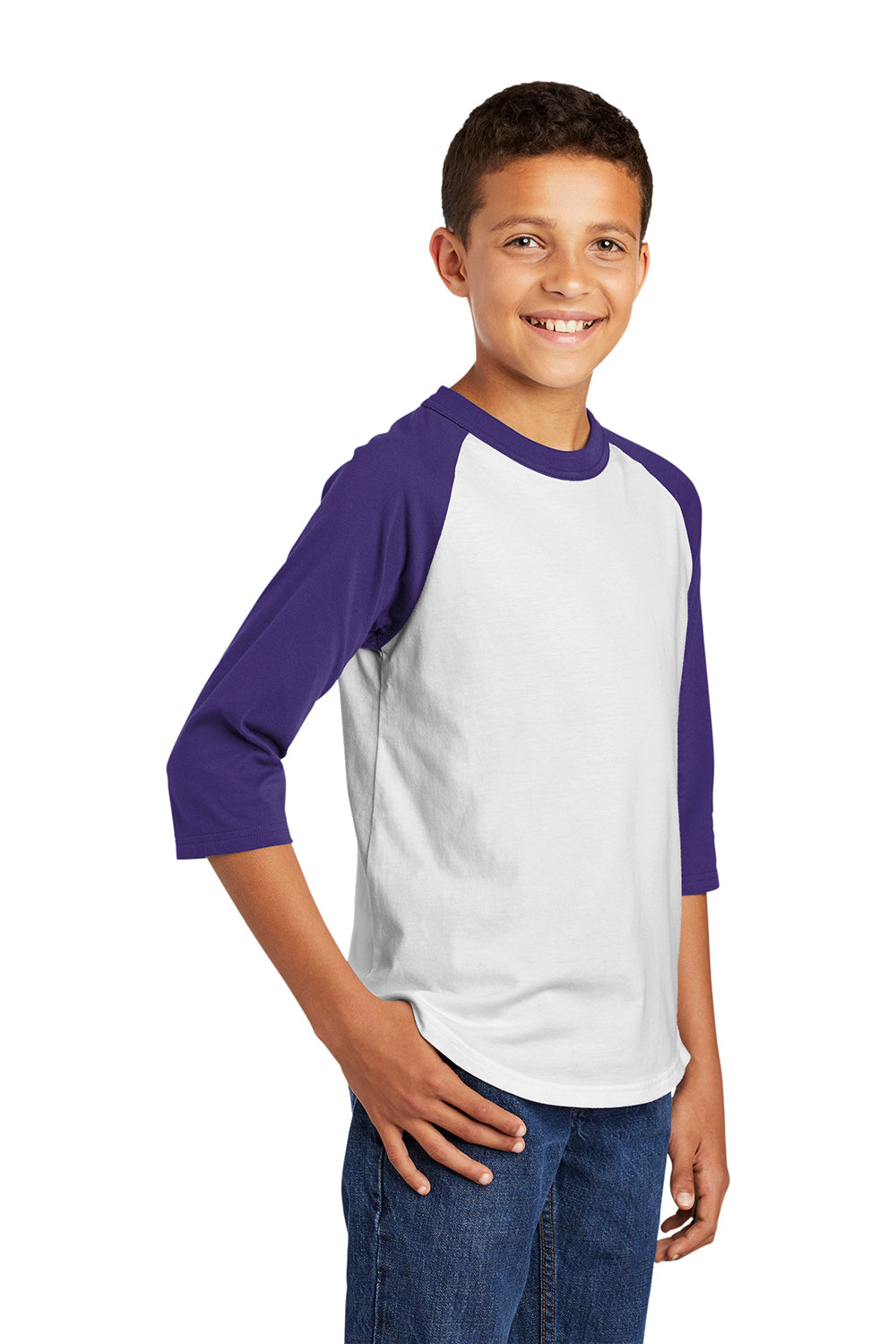 Sport-Tek YT200 Youth 3/4 Sleeve Crewneck T-Shirt White/Purple Model 3q