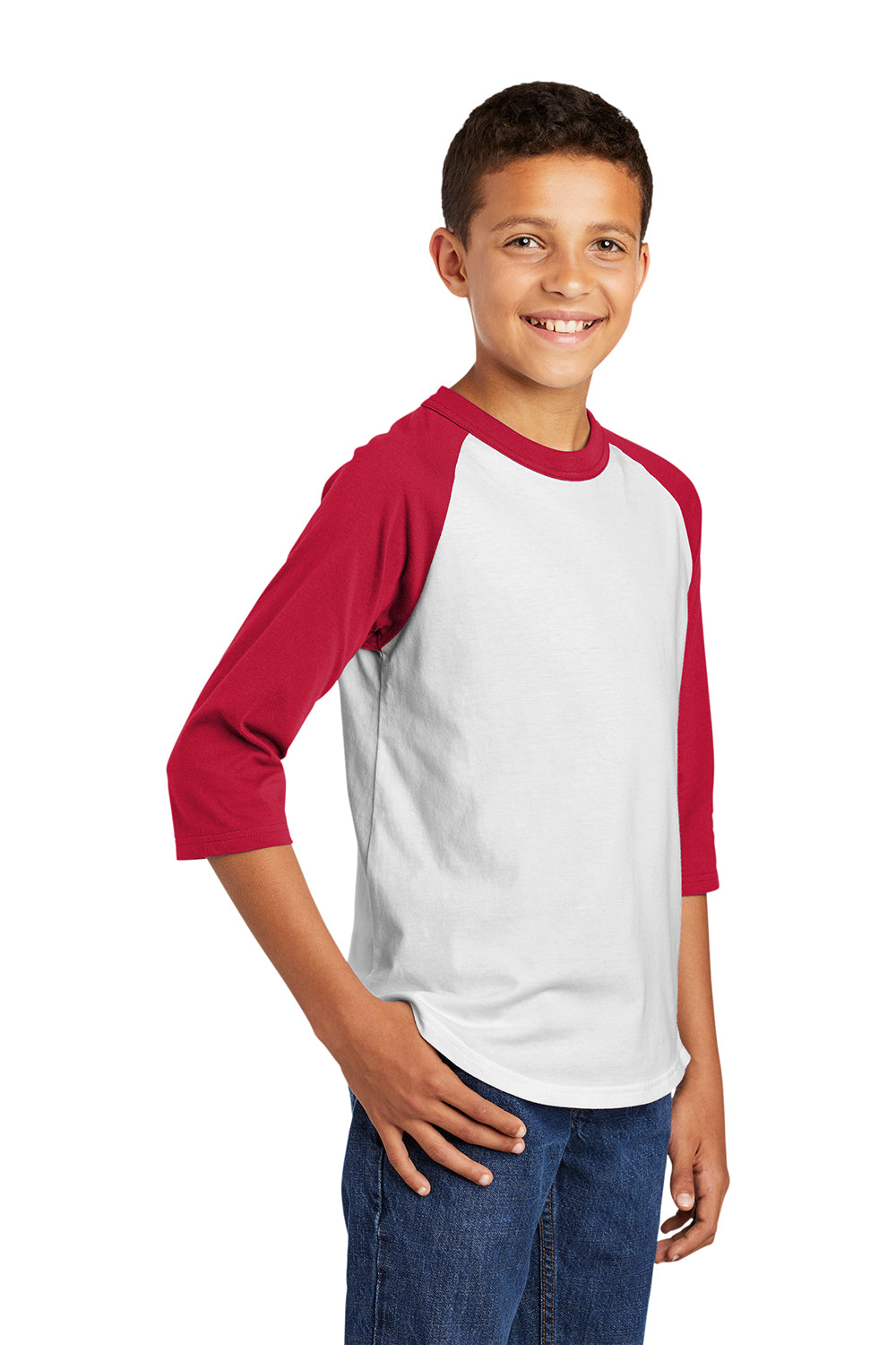 Sport-Tek YT200 Youth 3/4 Sleeve Crewneck T-Shirt White/Red Model 3q