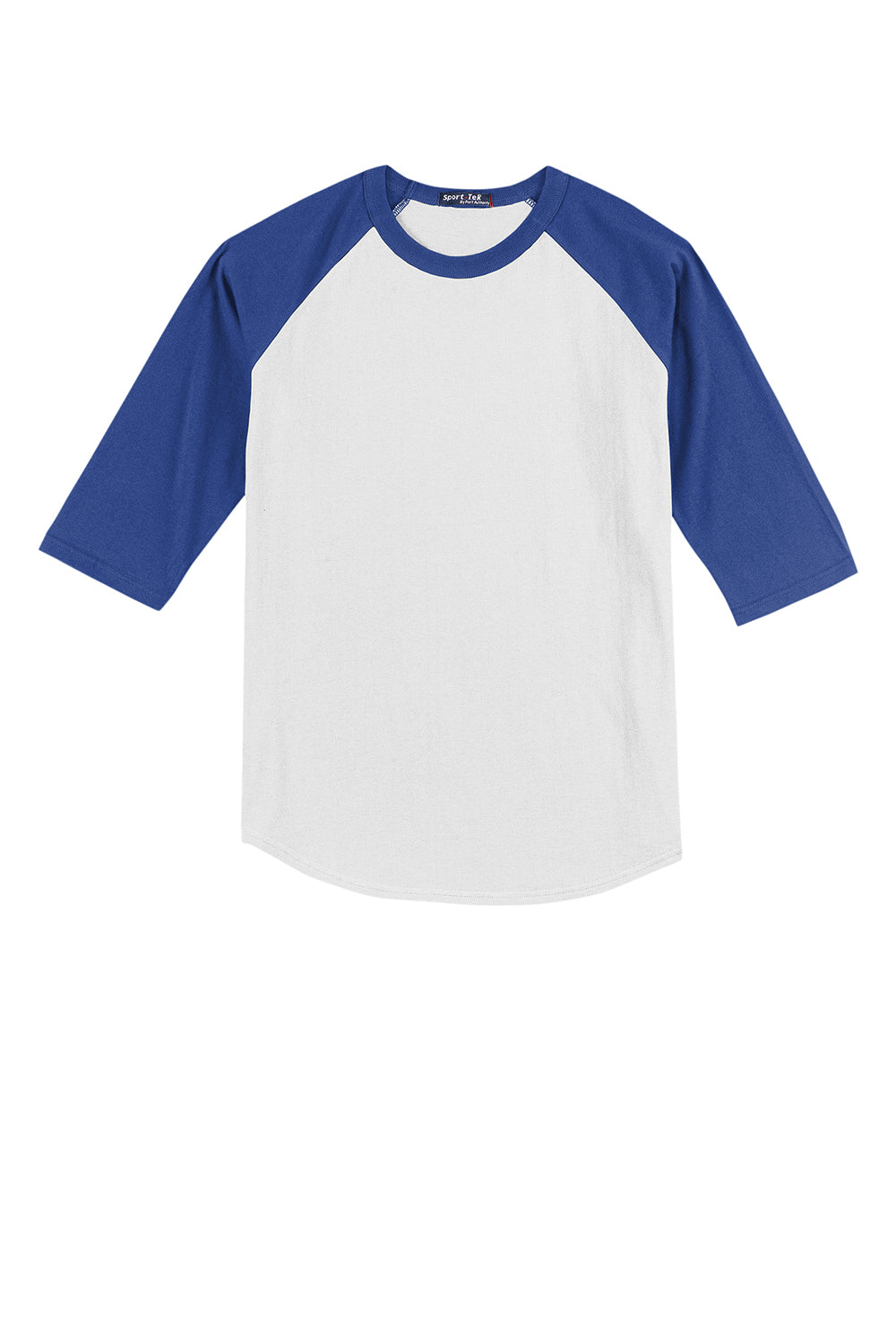 Sport-Tek YT200 Youth 3/4 Sleeve Crewneck T-Shirt White/Royal Blue Flat Front