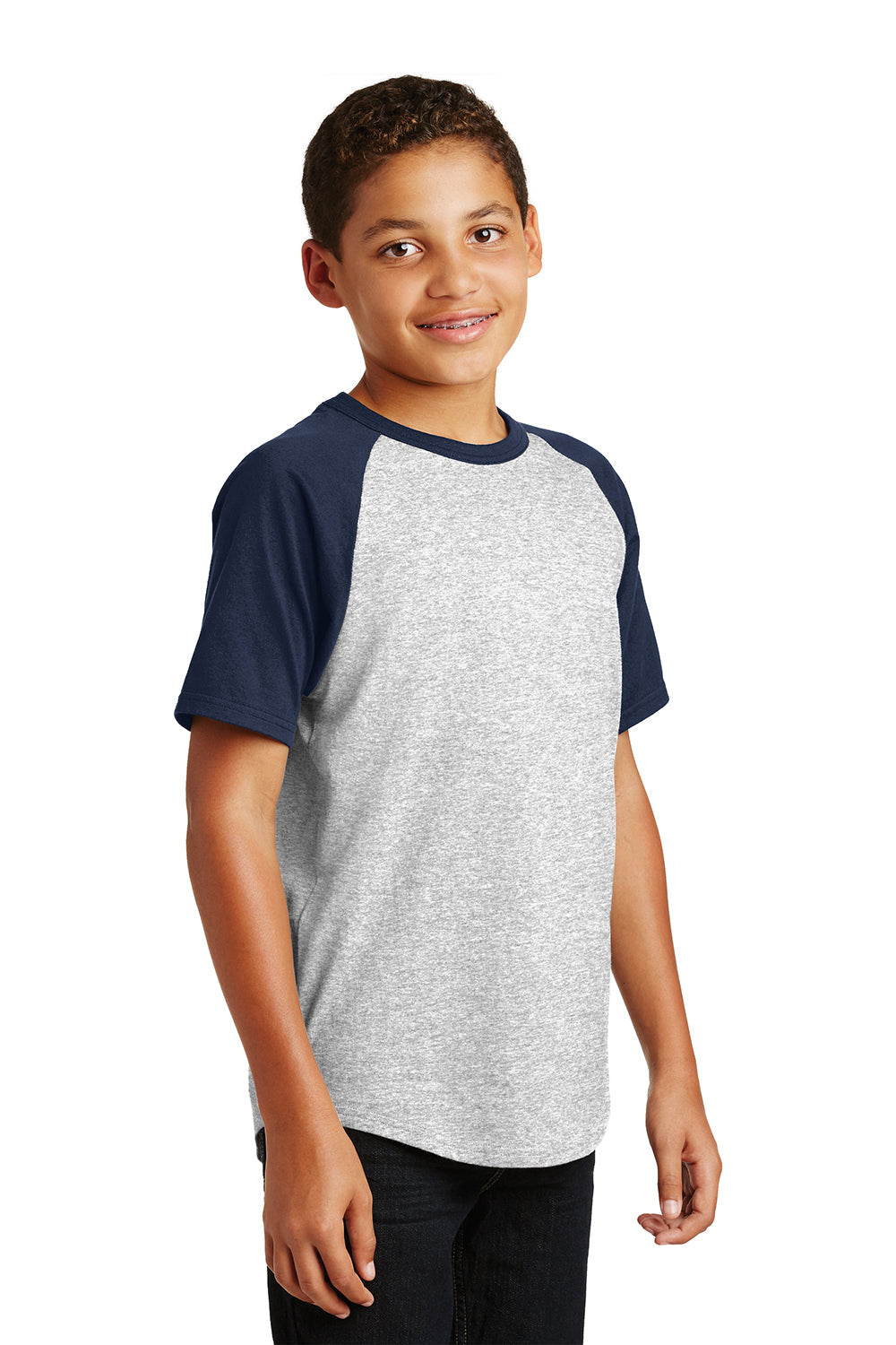 Sport-Tek YT201 Youth Short Sleeve Crewneck T-Shirt Heather Grey/Navy Blue Model 3q