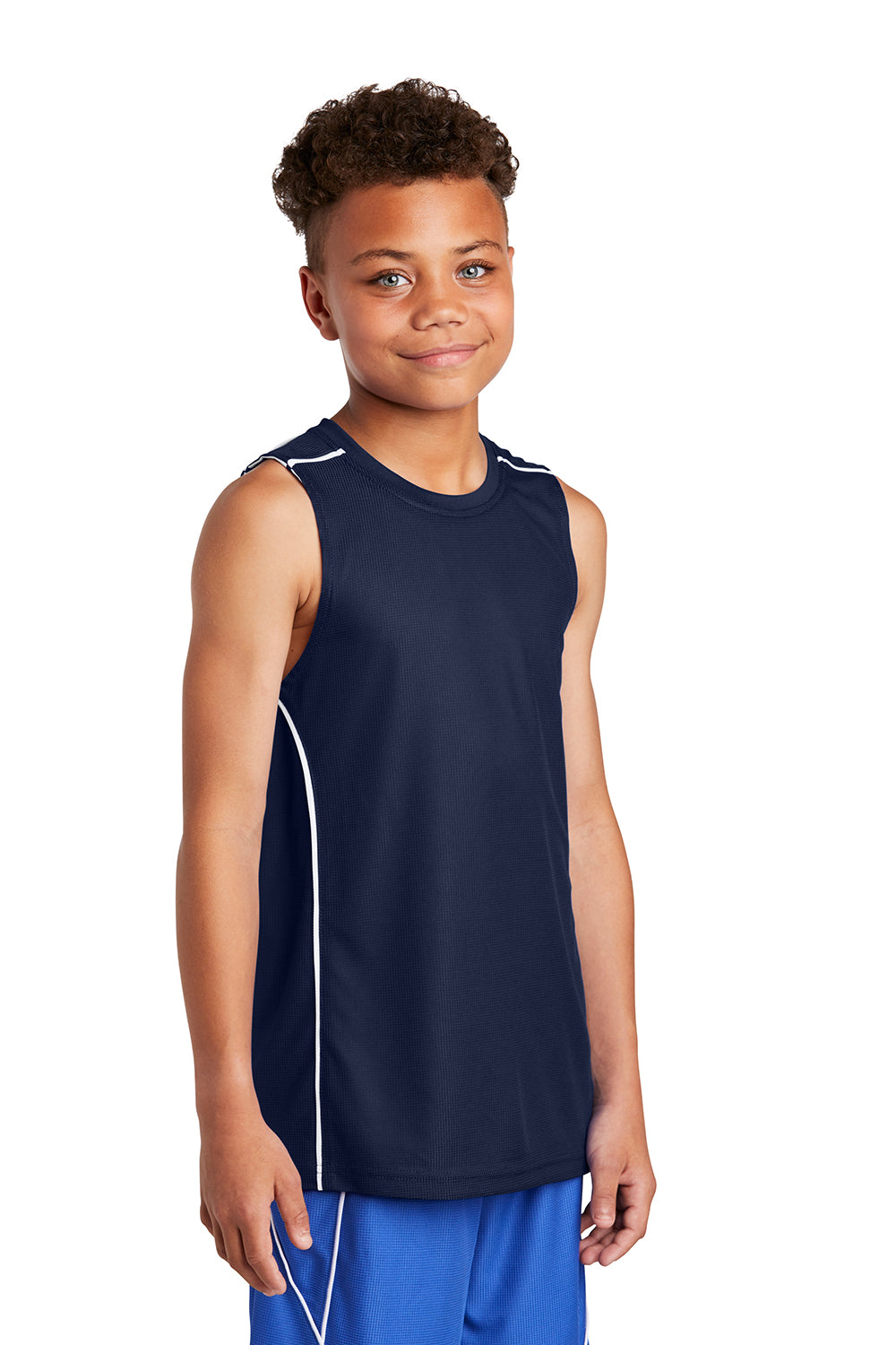 Sport-Tek YT555 Youth Moisture Wicking Mesh Reversible Tank Top True Navy Blue Model 3q