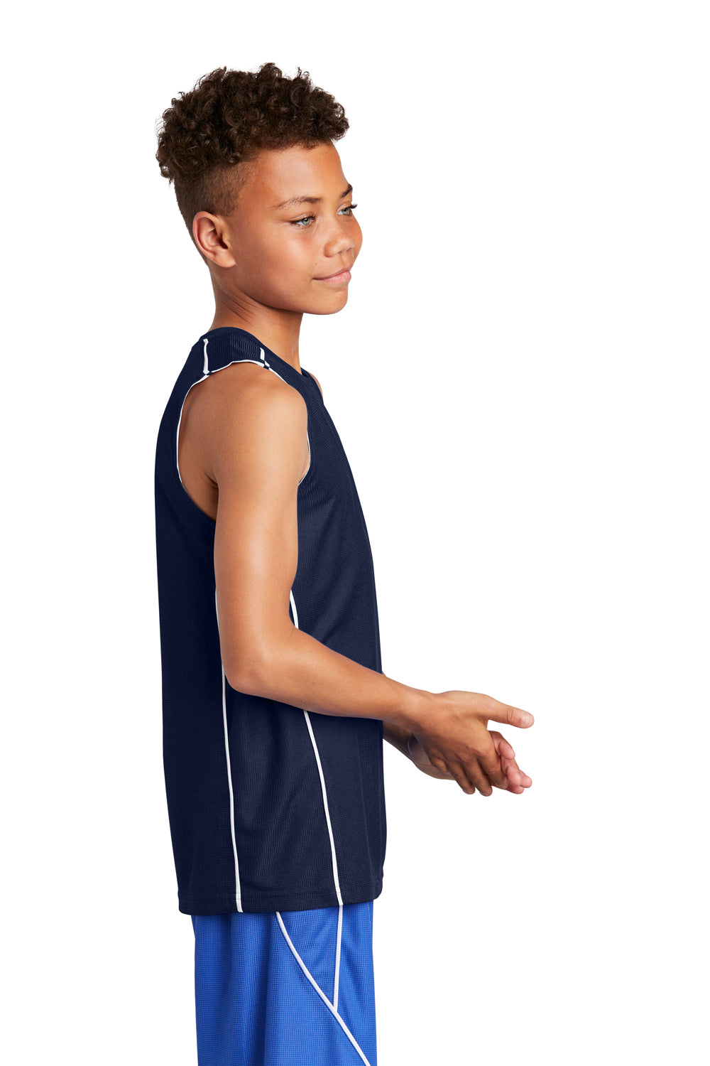 Sport-Tek YT555 Youth Moisture Wicking Mesh Reversible Tank Top True Navy Blue Model Side