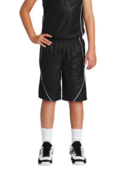 Sport-Tek YT565 Youth Moisture Wicking Mesh Reversible Spliced Shorts Black Model Front