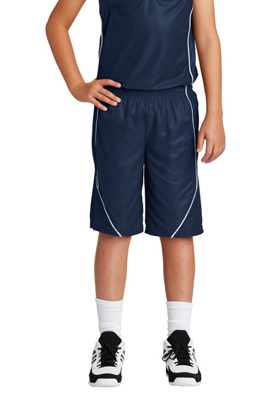 Sport-Tek YT565 Youth Moisture Wicking Mesh Reversible Spliced Shorts True Navy Blue Model Front