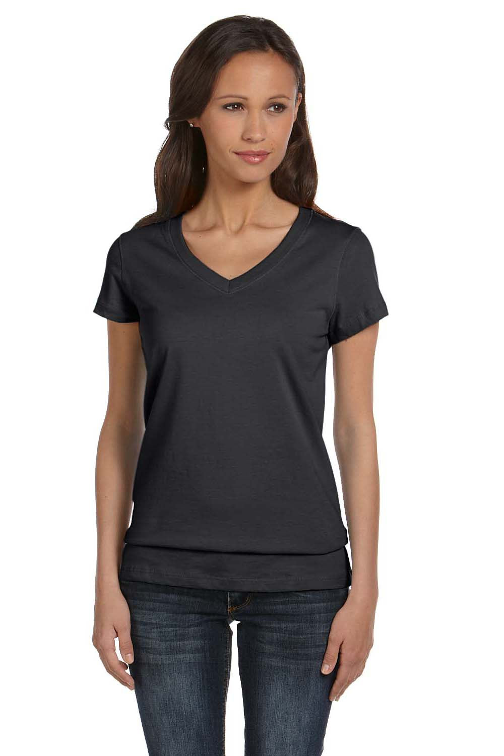 Bella + Canvas B6005/6005 Womens Jersey Short Sleeve V-Neck T-Shirt Heather Dark Grey Model Front