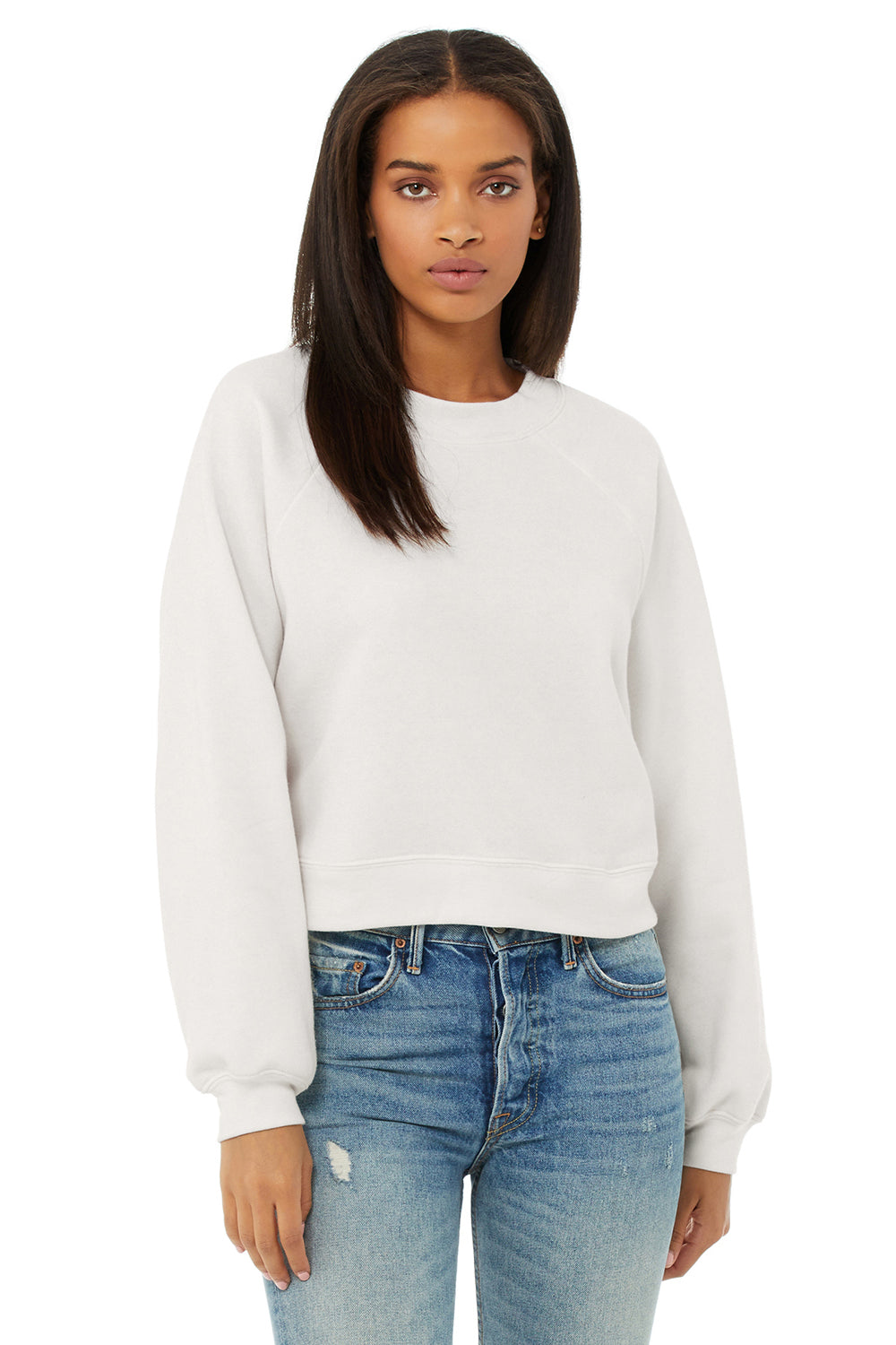 Bella + Canvas B7505 Womens Raglan Crewneck Sweatshirt Vintage White Model Front