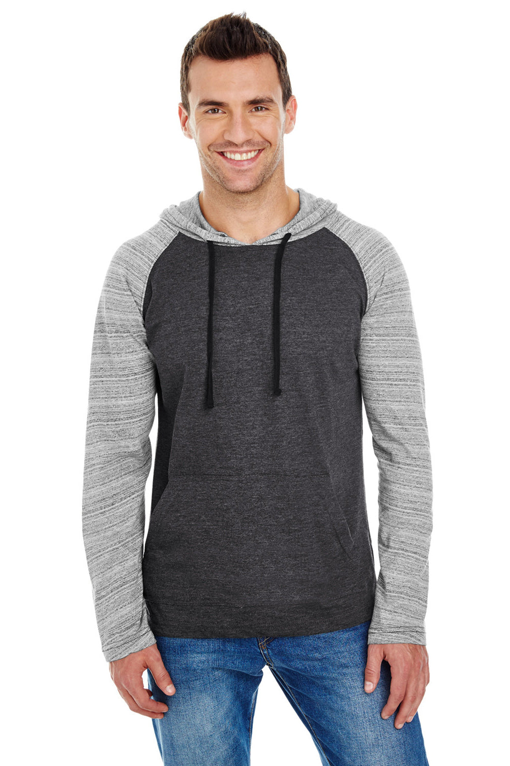 Burnside 8127 Mens Raglan Long Sleeve Hooded T-Shirt Hoodie Heather Charcoal/Charcoal Stripe Model Front