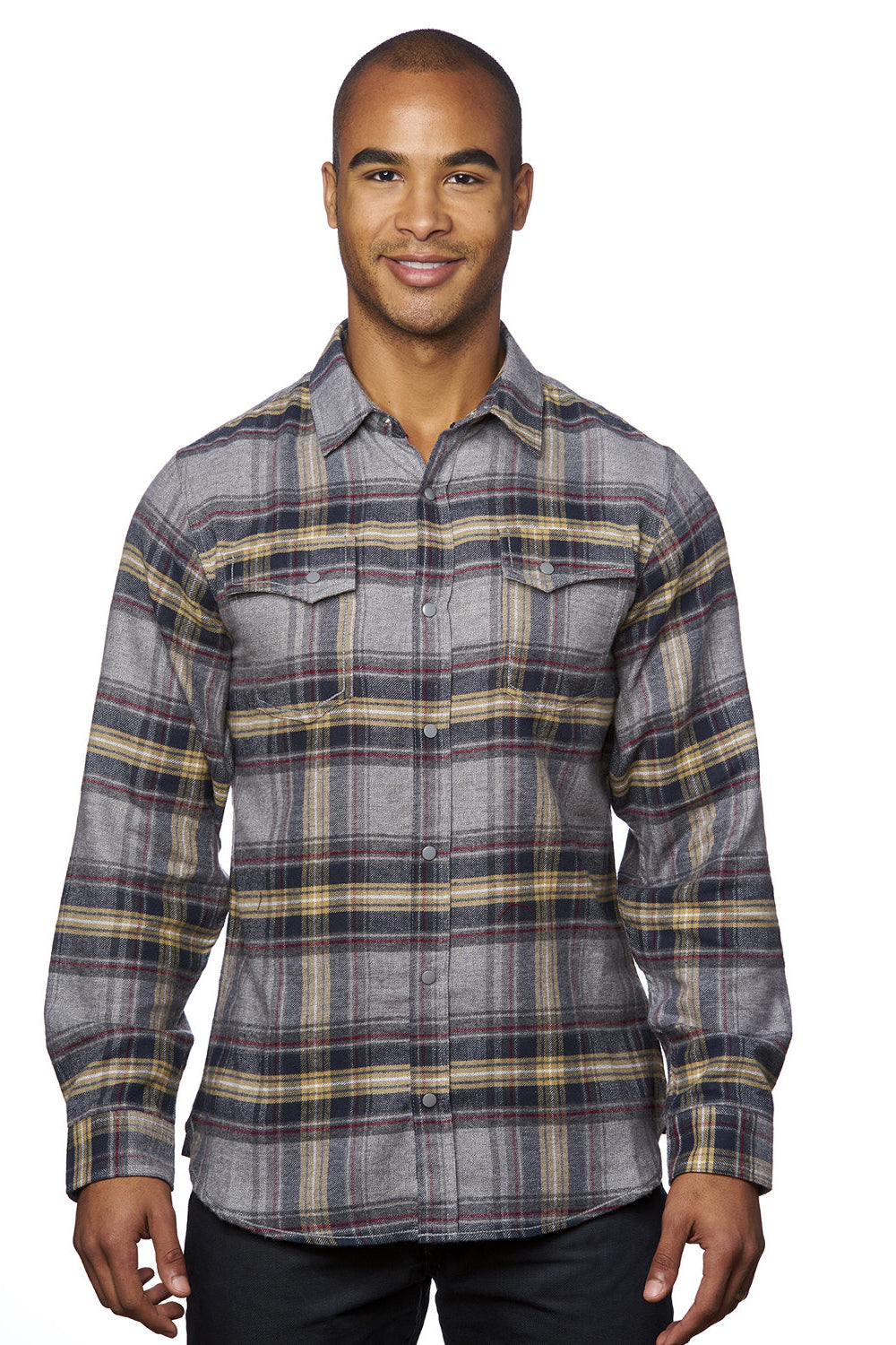 Burnside 8219 Mens Plaid Flannel Long Sleeve Snap Down Shirt w/ Double Pockets Light Grey Model Front