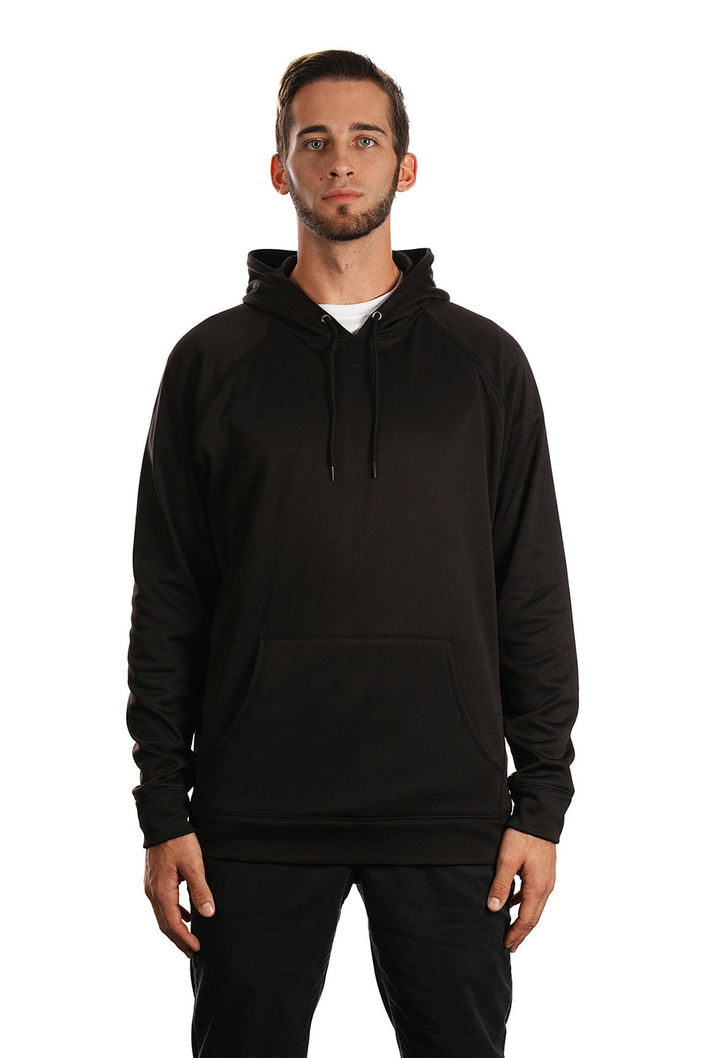 Burnside 8670 Mens Performance Raglan Hooded Sweatshirt Hoodie Black Model Front