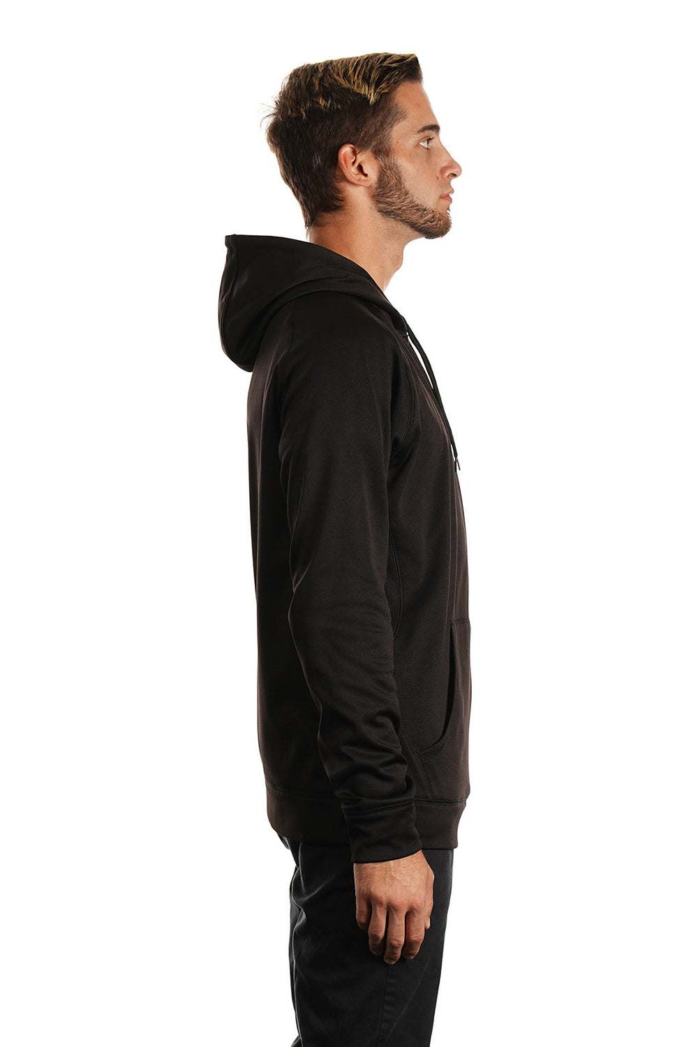 Burnside 8670 Mens Performance Raglan Hooded Sweatshirt Hoodie Black Model Side