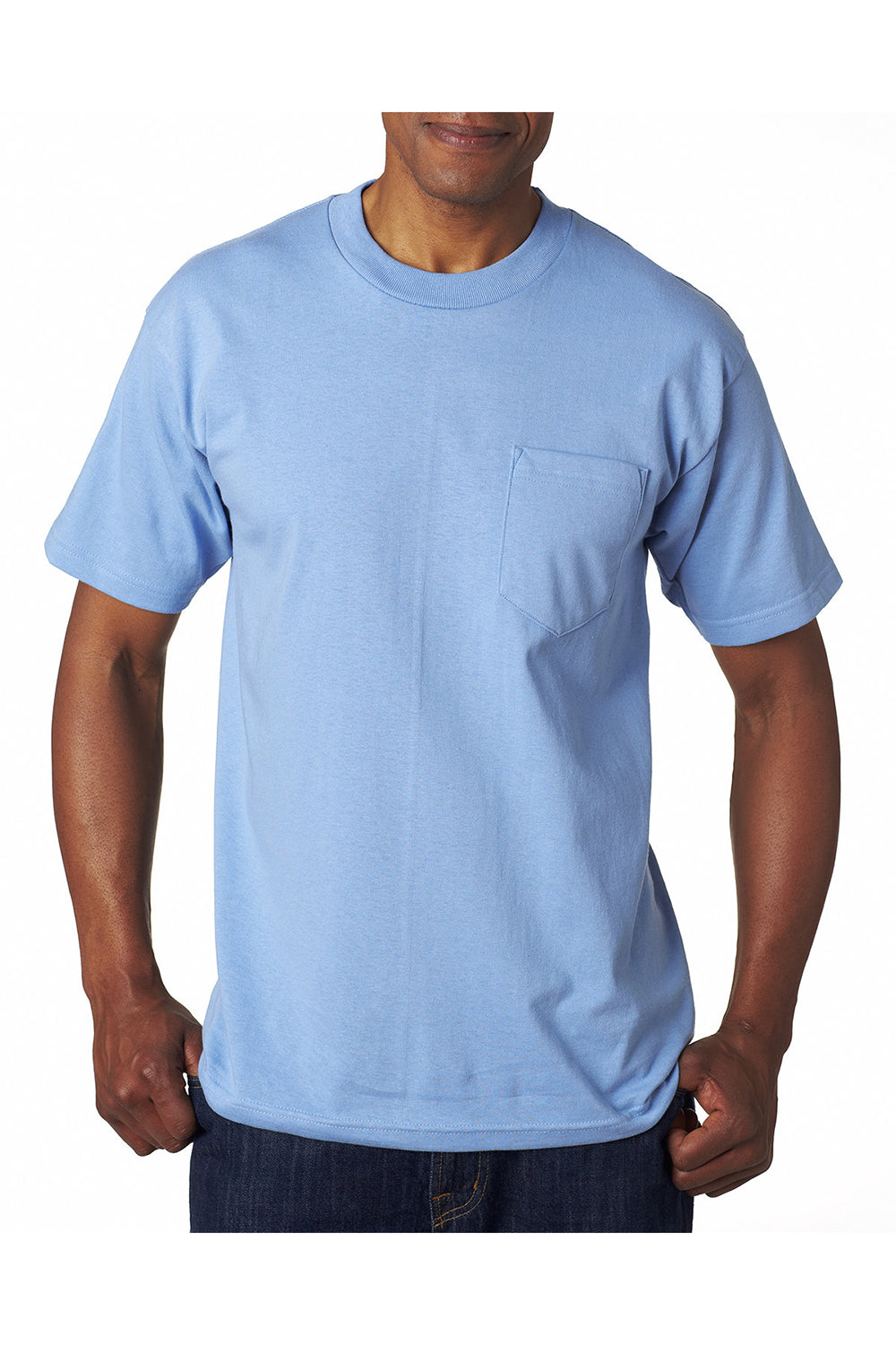 Bayside BA7100 Mens USA Made Short Sleeve Crewneck T-Shirt w/ Pocket Carolina Blue Model Front