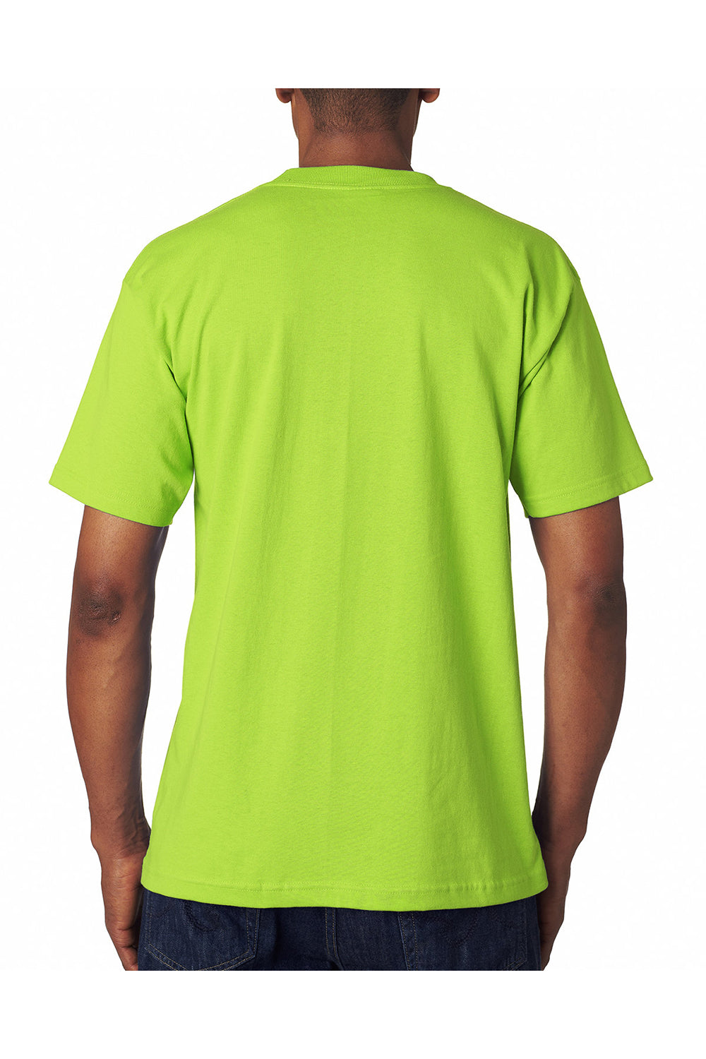 Bayside BA7100 Mens USA Made Short Sleeve Crewneck T-Shirt w/ Pocket Lime Green Model Back