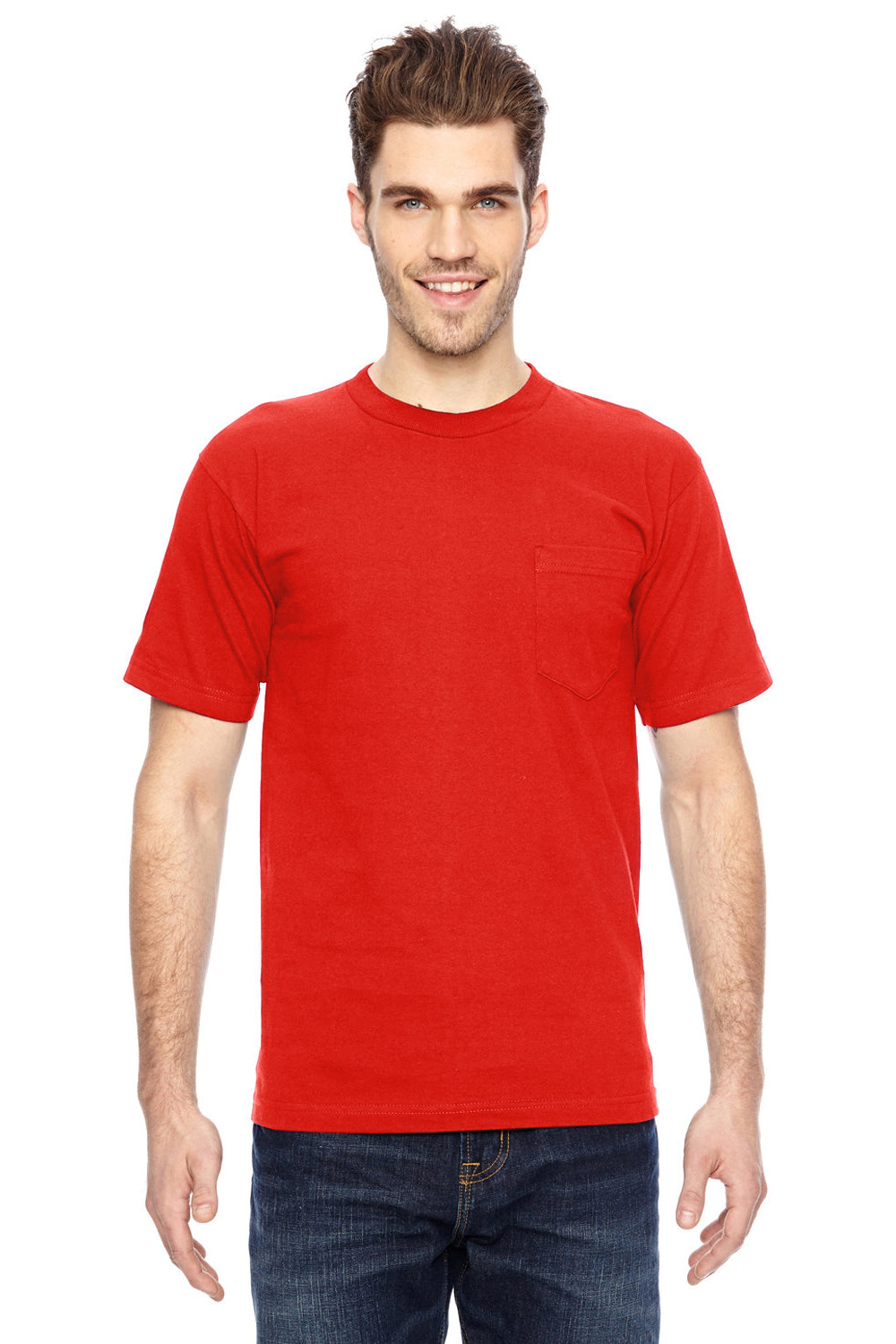 Bayside BA7100 Mens USA Made Short Sleeve Crewneck T-Shirt w/ Pocket Bright Orange Model Front