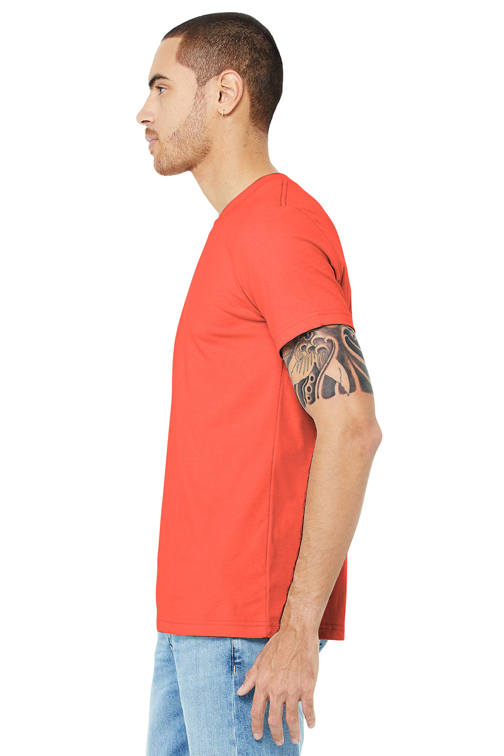 Bella + Canvas BC3001/3001C Mens Jersey Short Sleeve Crewneck T-Shirt Coral Model Side