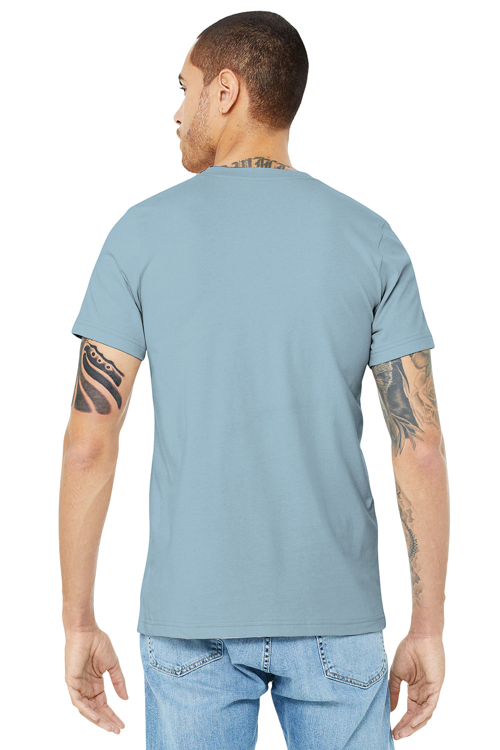 Bella + Canvas BC3001/3001C Mens Jersey Short Sleeve Crewneck T-Shirt Light Blue Model Back