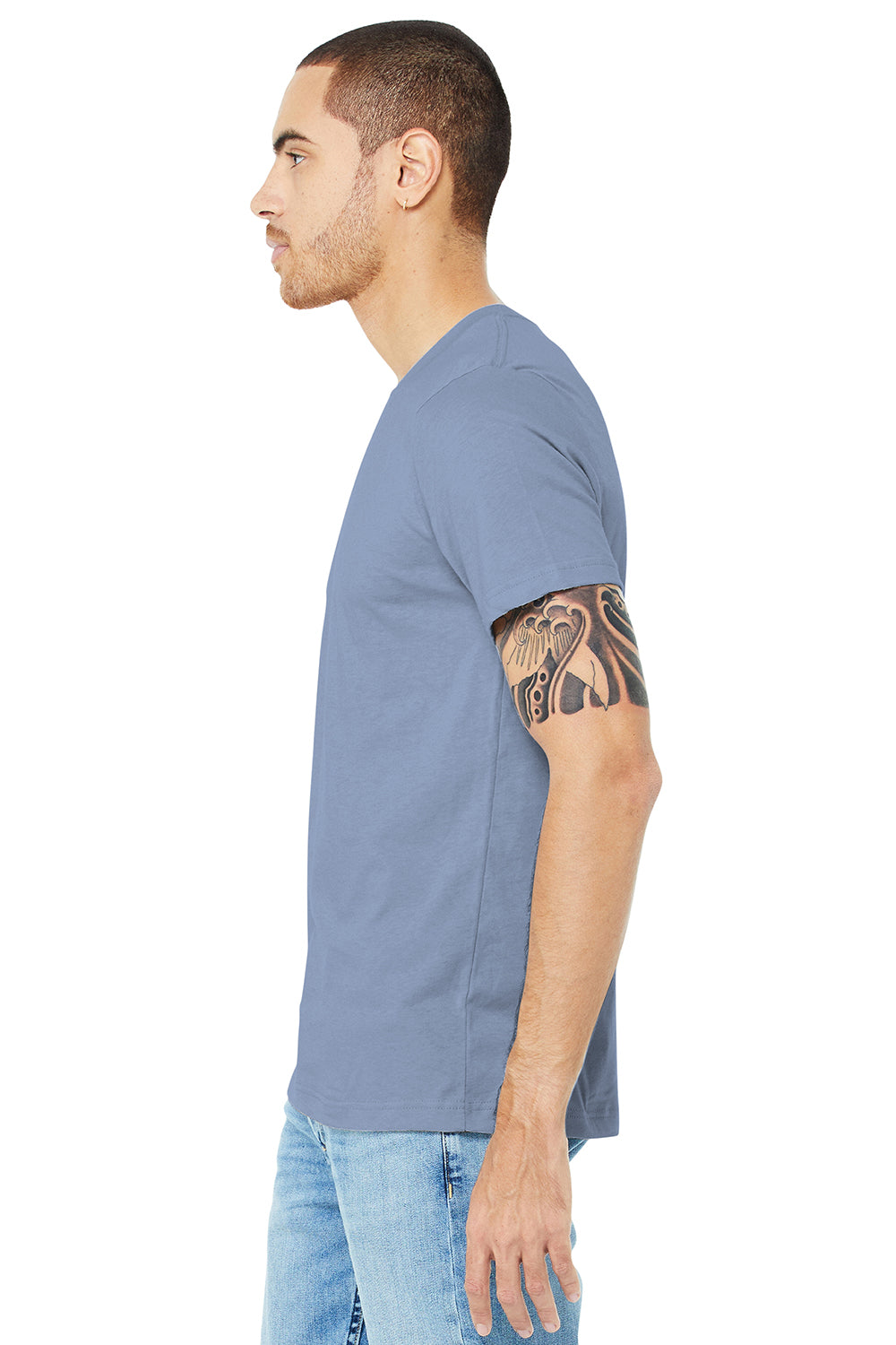 Bella + Canvas BC3001CVC/3001CVC Mens Heather CVC Short Sleeve Crewneck T-Shirt Heather Blue Model Side