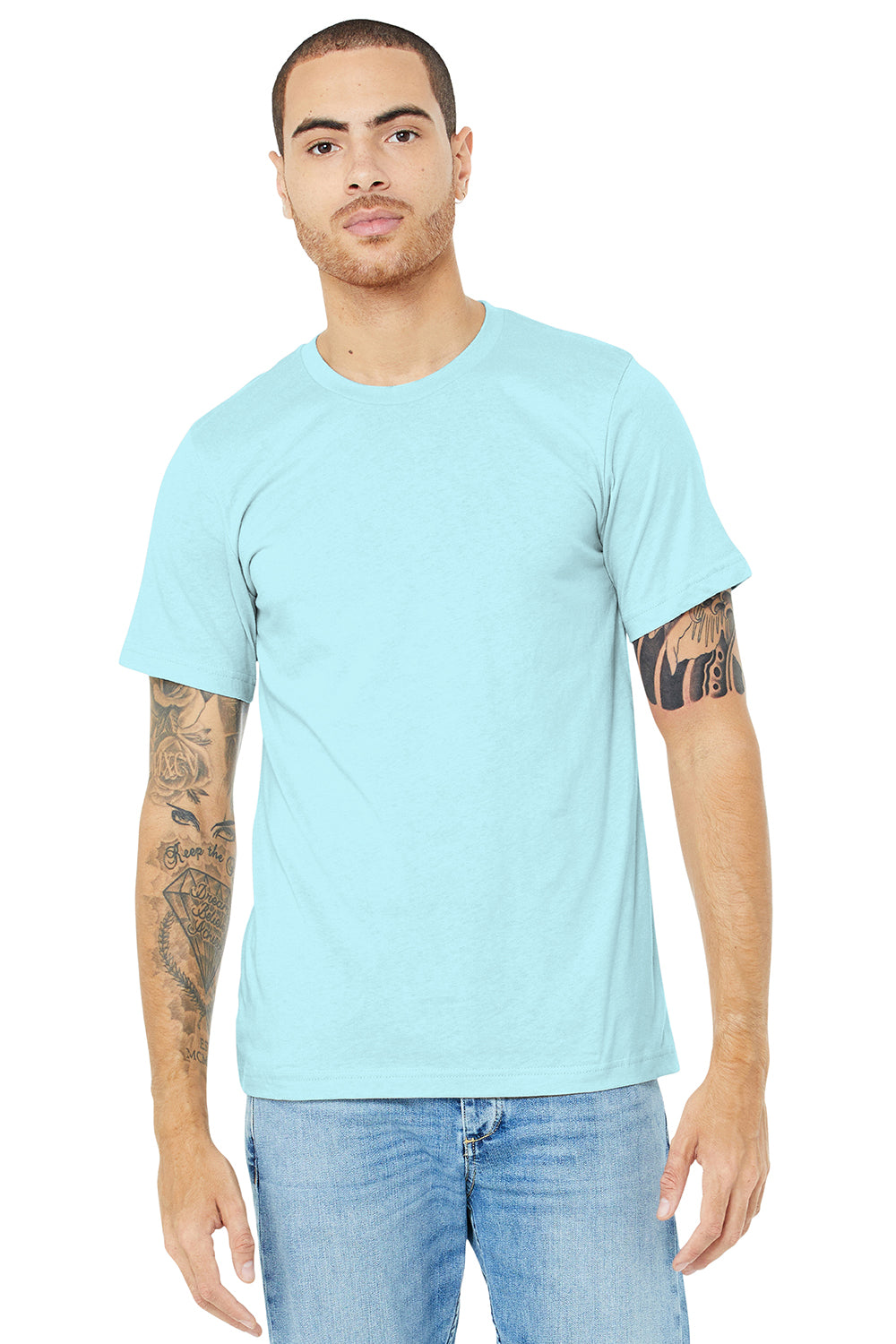 Bella + Canvas BC3001CVC/3001CVC Mens Heather CVC Short Sleeve Crewneck T-Shirt Heather Ice Blue Model Front