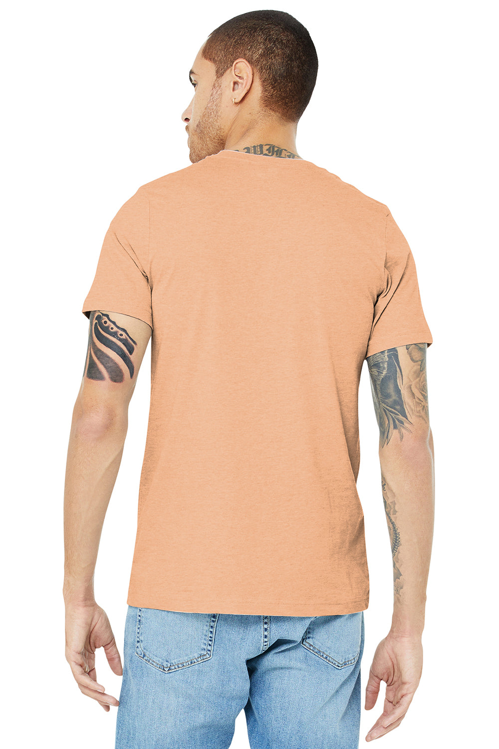 Bella + Canvas BC3001CVC/3001CVC Mens Heather CVC Short Sleeve Crewneck T-Shirt Heather Peach Model Back