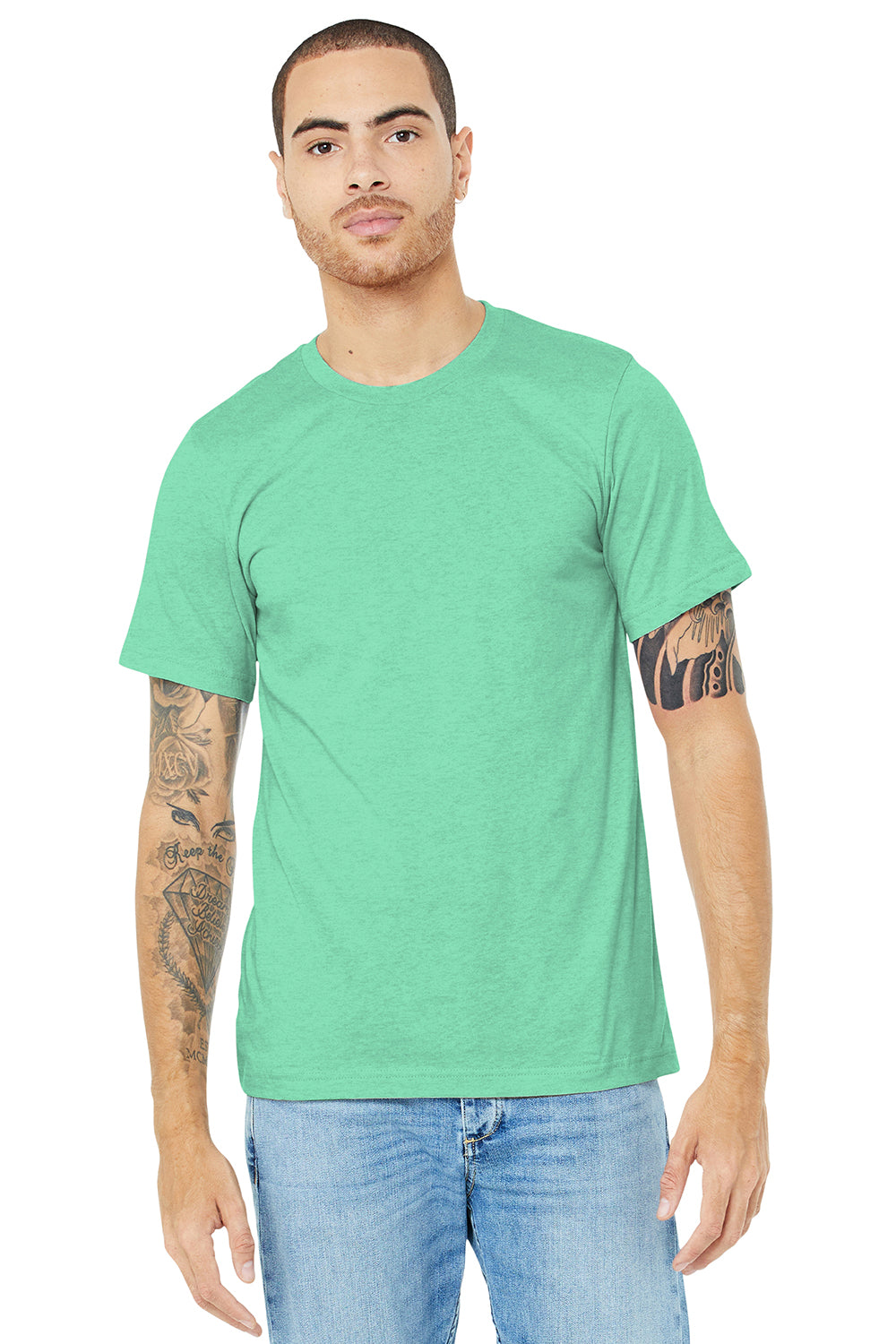 Bella + Canvas BC3001CVC/3001CVC Mens Heather CVC Short Sleeve Crewneck T-Shirt Heather Prism Mint Green Model Front