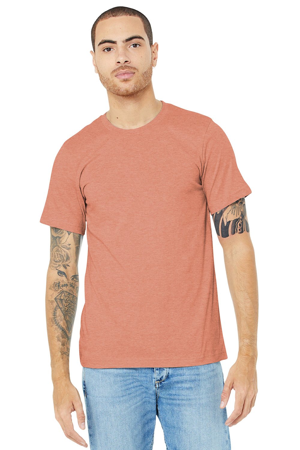 Bella + Canvas BC3001CVC/3001CVC Mens Heather CVC Short Sleeve Crewneck T-Shirt Heather Sunset Orange Model Front