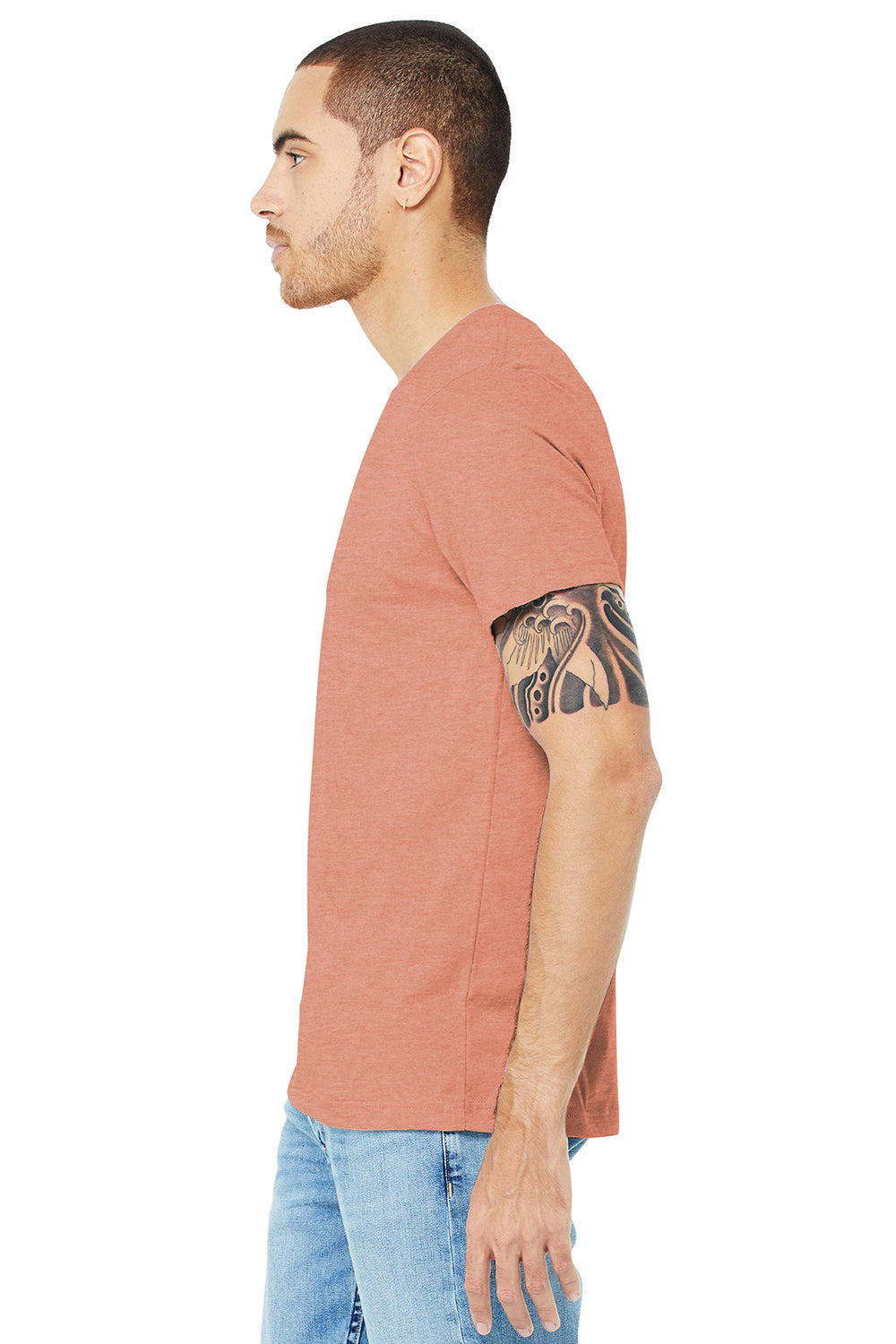 Bella + Canvas BC3001CVC/3001CVC Mens Heather CVC Short Sleeve Crewneck T-Shirt Heather Sunset Orange Model Side