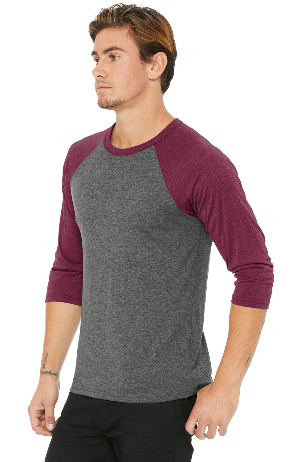 Bella + Canvas BC3200/3200 Mens 3/4 Sleeve Crewneck T-Shirt Grey/Maroon Model 3Q