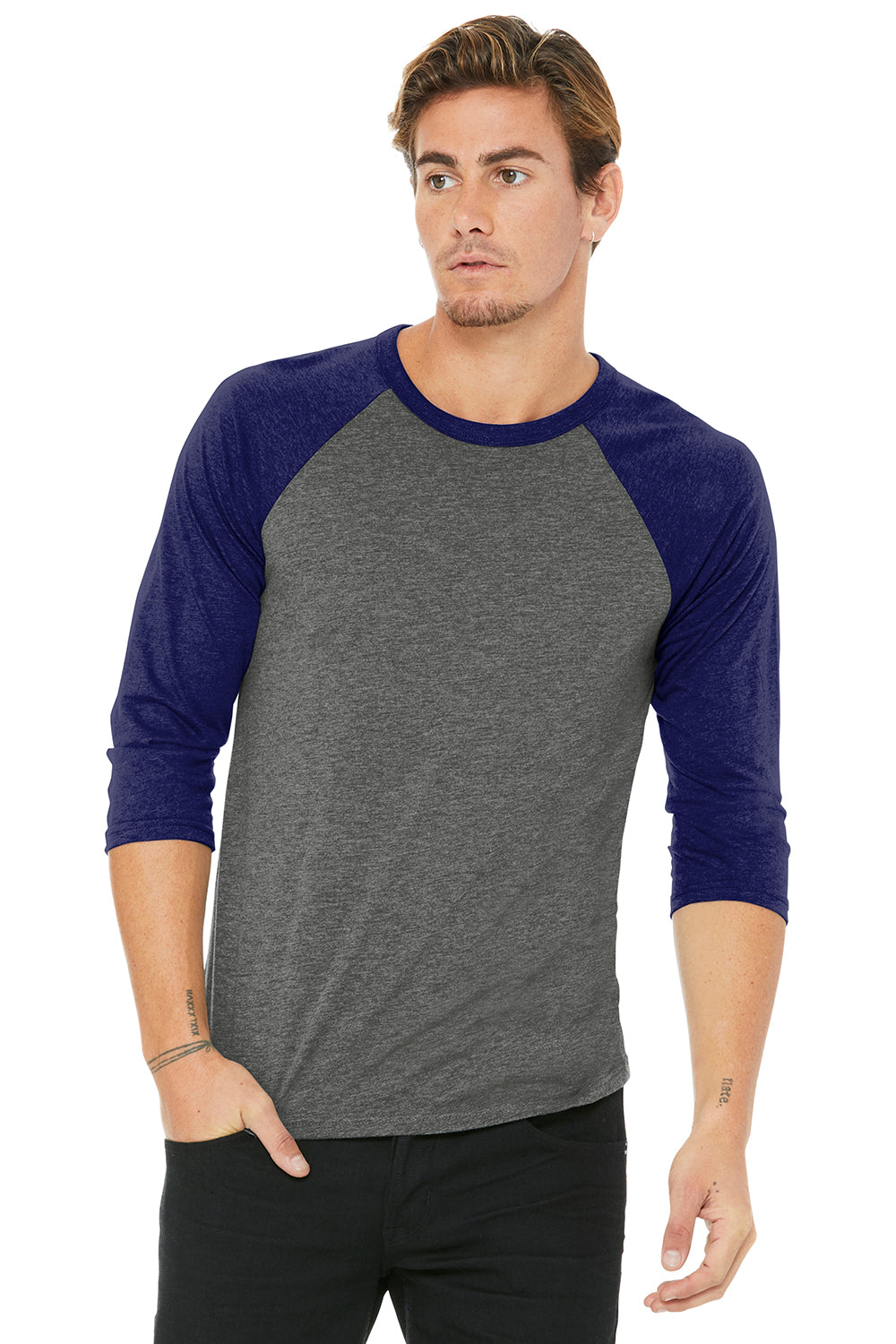 Bella + Canvas BC3200/3200 Mens 3/4 Sleeve Crewneck T-Shirt Grey/Navy Blue Model Front