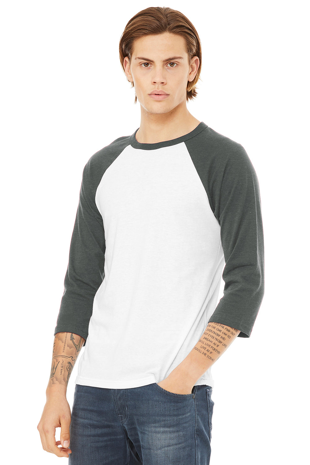 Bella + Canvas BC3200/3200 Mens 3/4 Sleeve Crewneck T-Shirt White/Heather Deep Grey Model 3Q