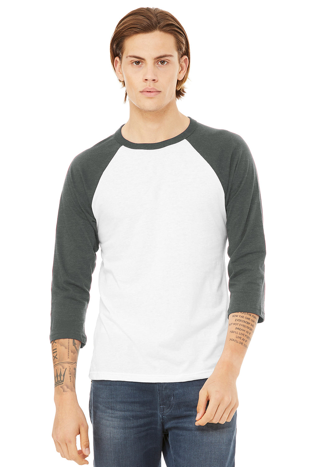 Bella + Canvas BC3200/3200 Mens 3/4 Sleeve Crewneck T-Shirt White/Heather Deep Grey Model Front